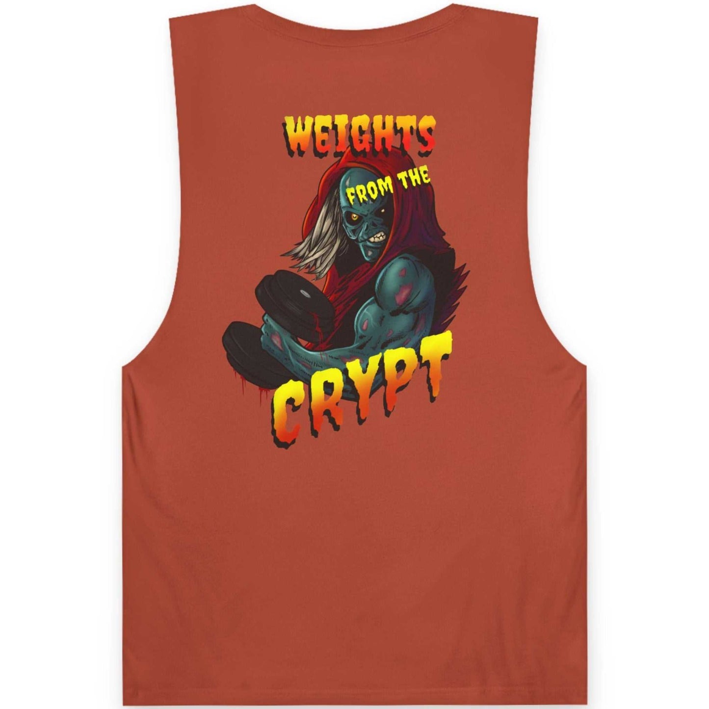 Back view of the autumn burnt orange bodybuilding muscle tank, showcasing the massive hand-drawn ghoul and dumbbell illustration on a clean background.