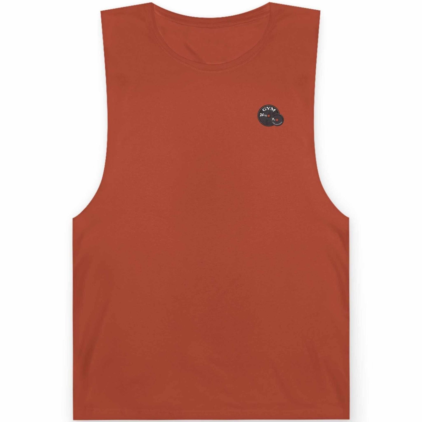 Front view of a burnt orange autumn men's bodybuilding muscle tank showing the front layout, laid flat.