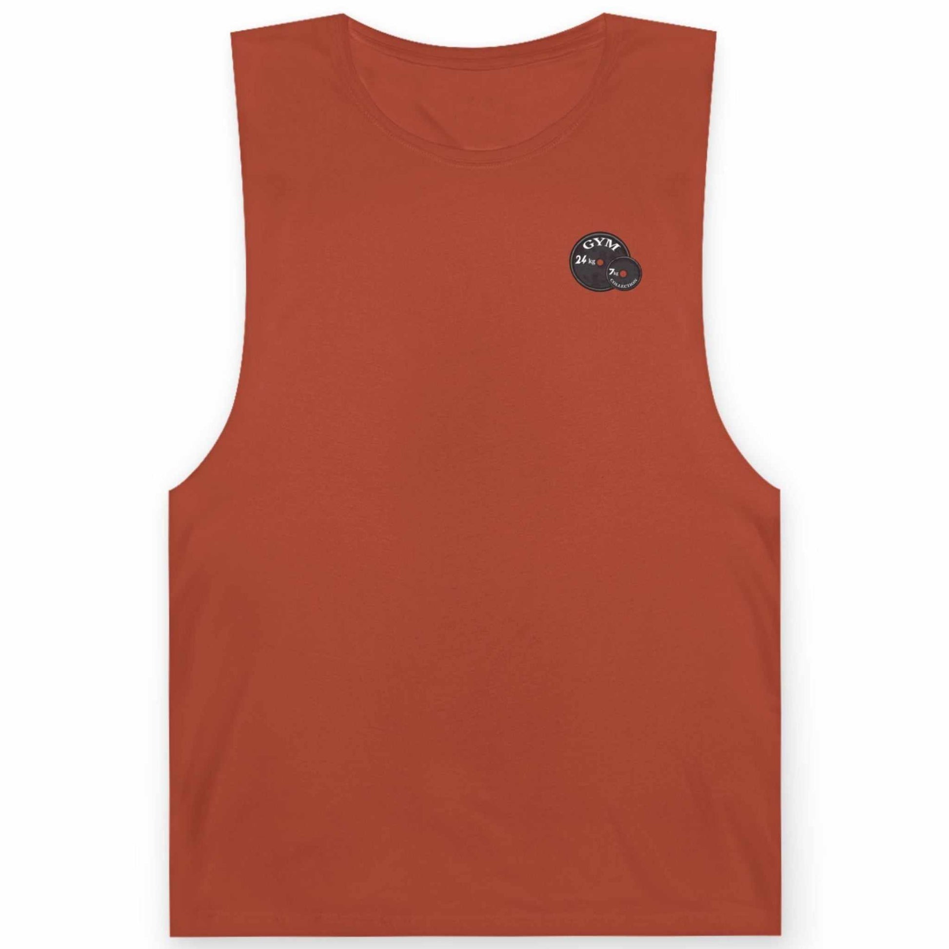 Men's muscle tank top front view with 24/7 logo weights design on chest