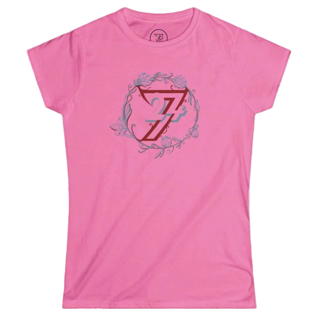 Azalea pink women's ageless style t-shirt displaying a unique botanical circle graphic.