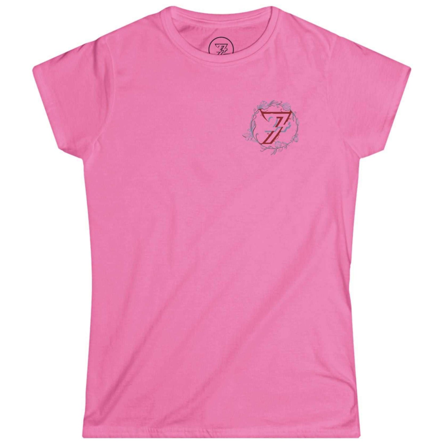 Azalea pink elegant women's top showcasing a small chest pocket size wreath graphic.