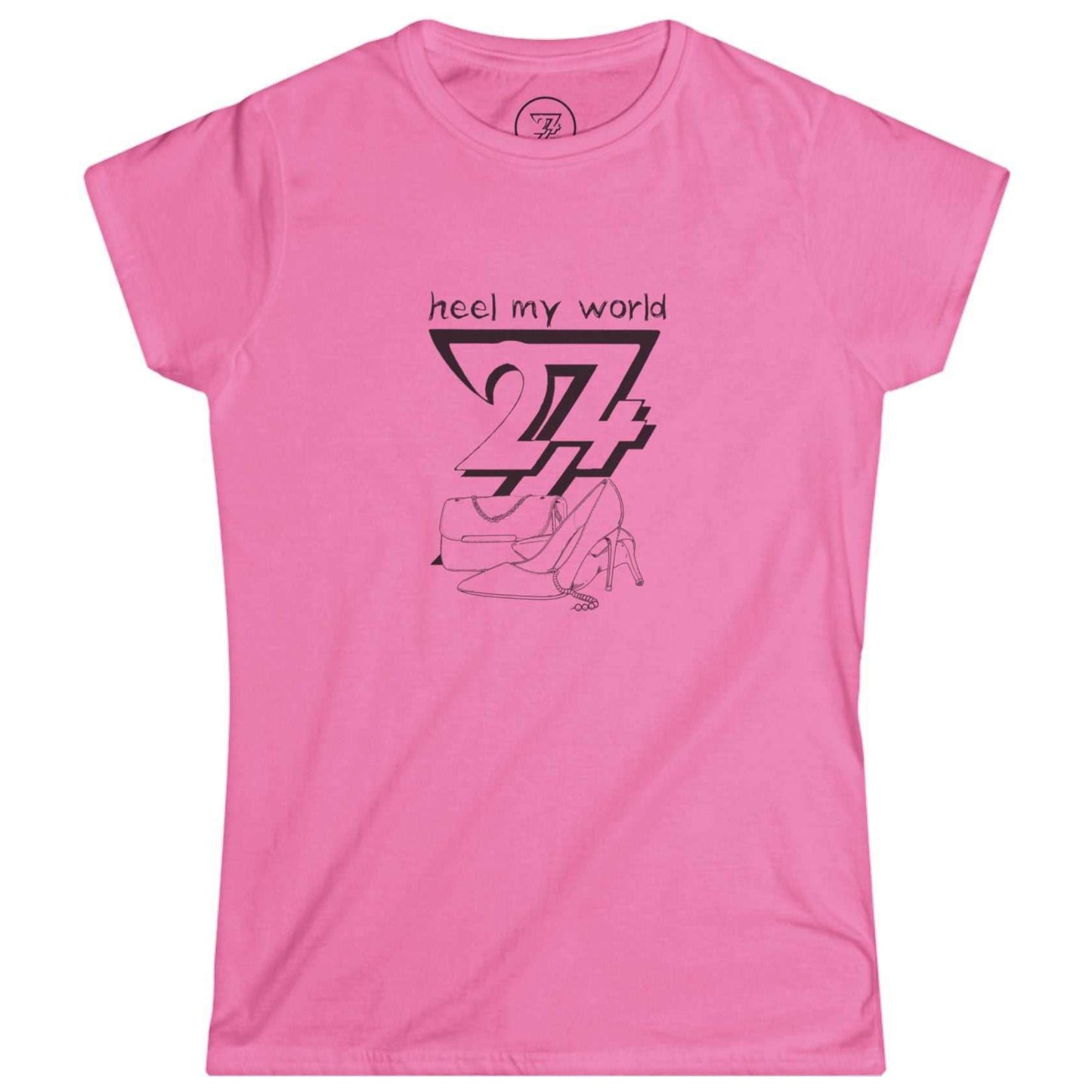 Vibrant azalea pink women's graphic top with the stylish black outline stilettos and pearls design.