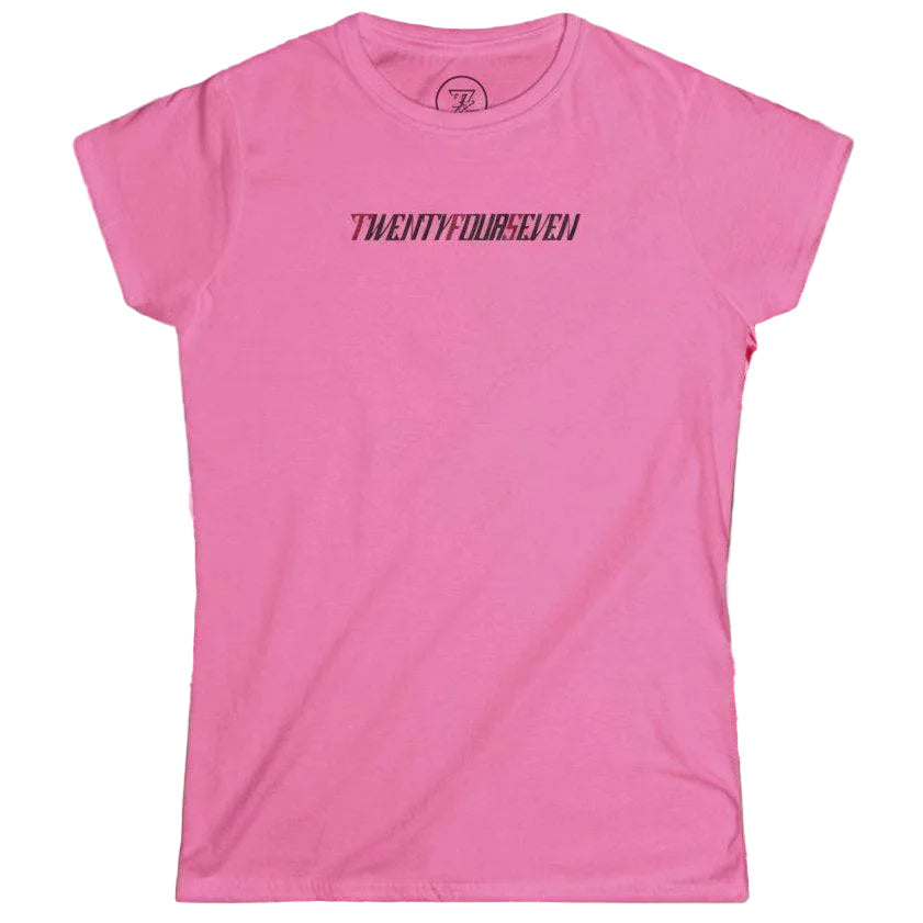 Vibrant azalea pink women's party and festival t-shirt displaying the retro-streetwear brand script.