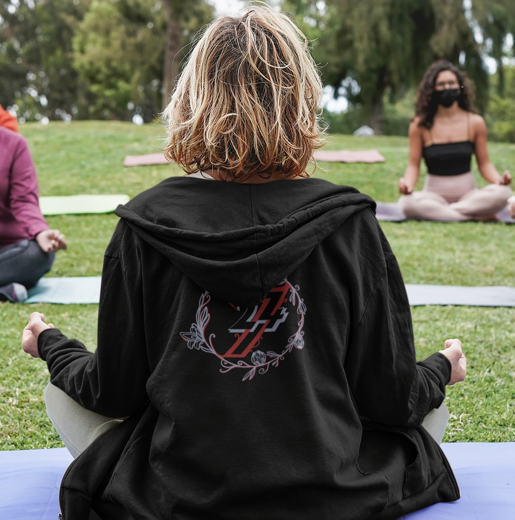 Back view of female model wearing the black Women's Flower Zip Hoodie
