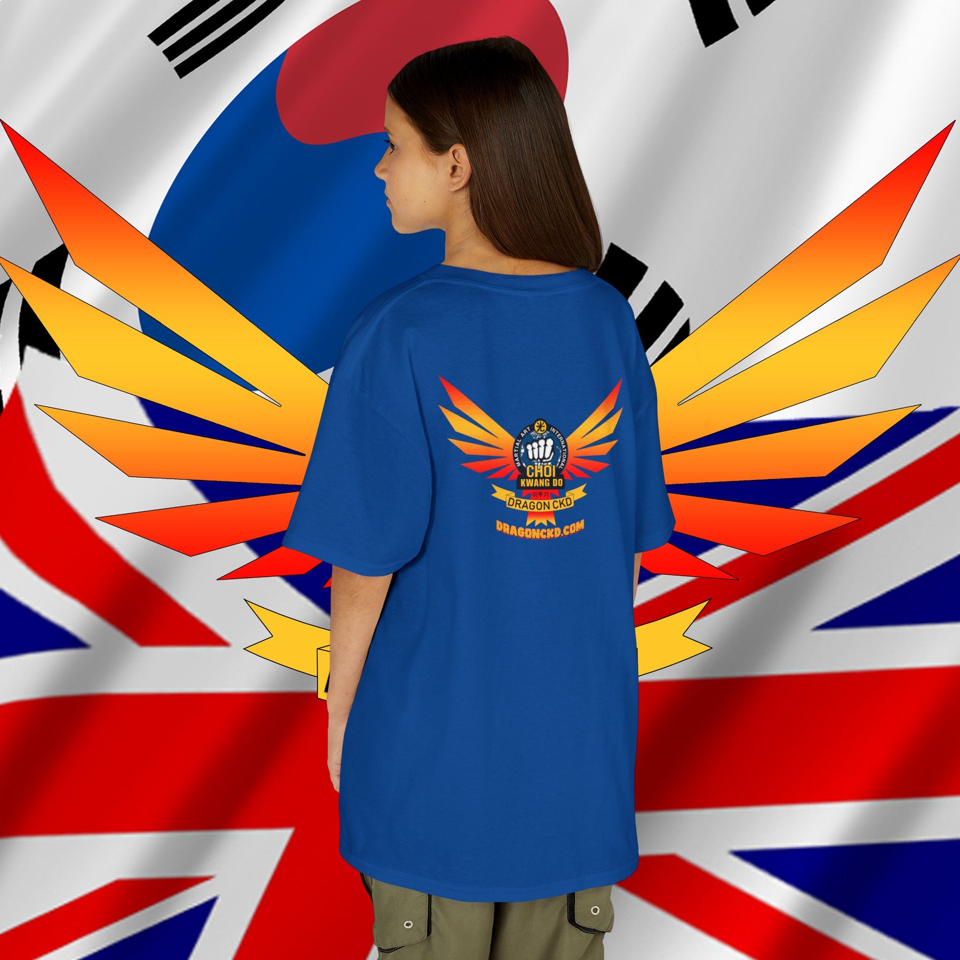 Back view of e girl wearing the Blue Choi-Kwang Do kids tee