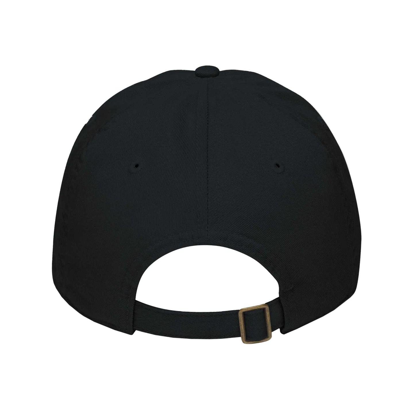 Back view of a black classic dad hat showing the unstructured profile and adjustable strap with a brass-tone metal buckle.