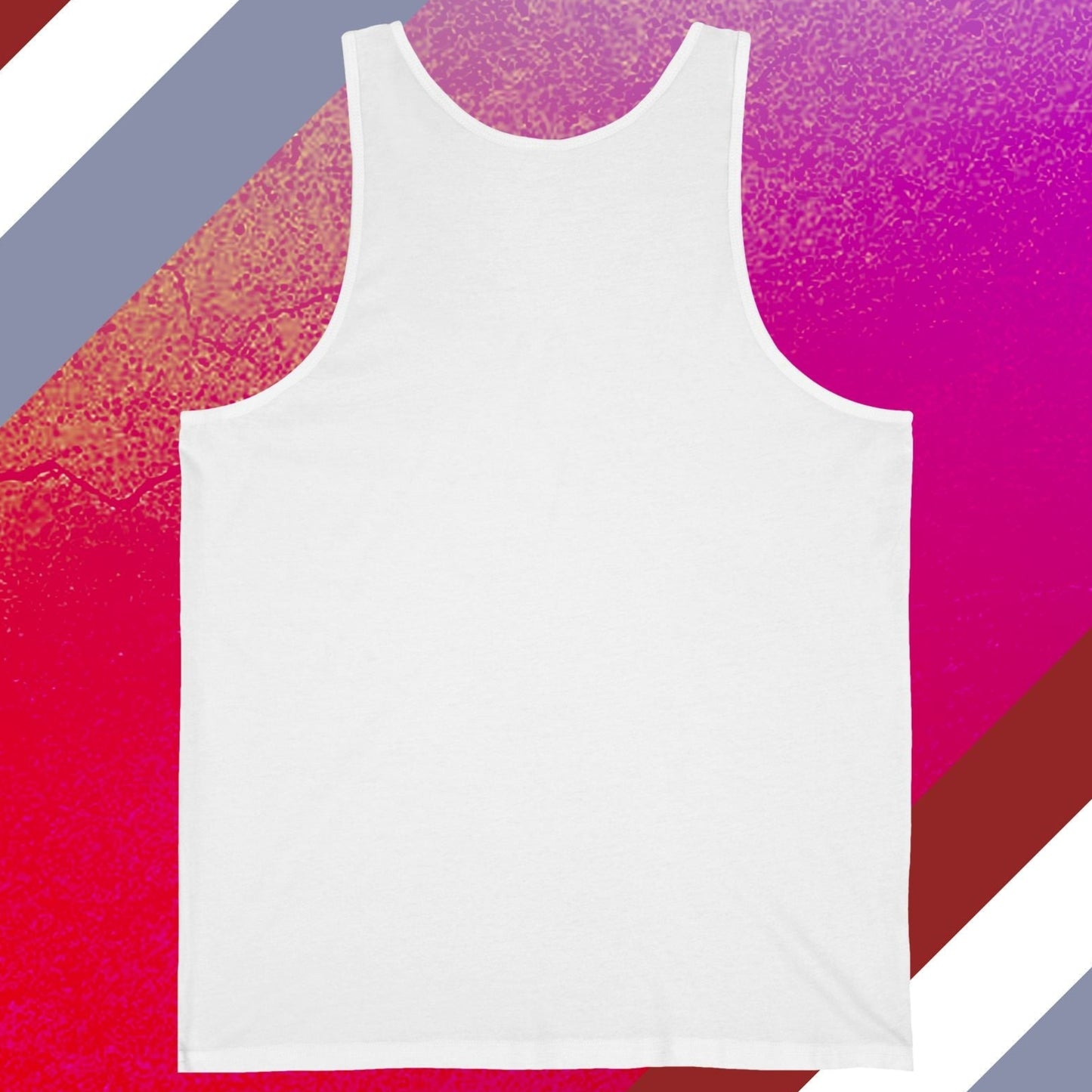 White women's jersey tank top featuring a graphic of legs in green heels, a red rose, and the text Heel Or No Deal back view