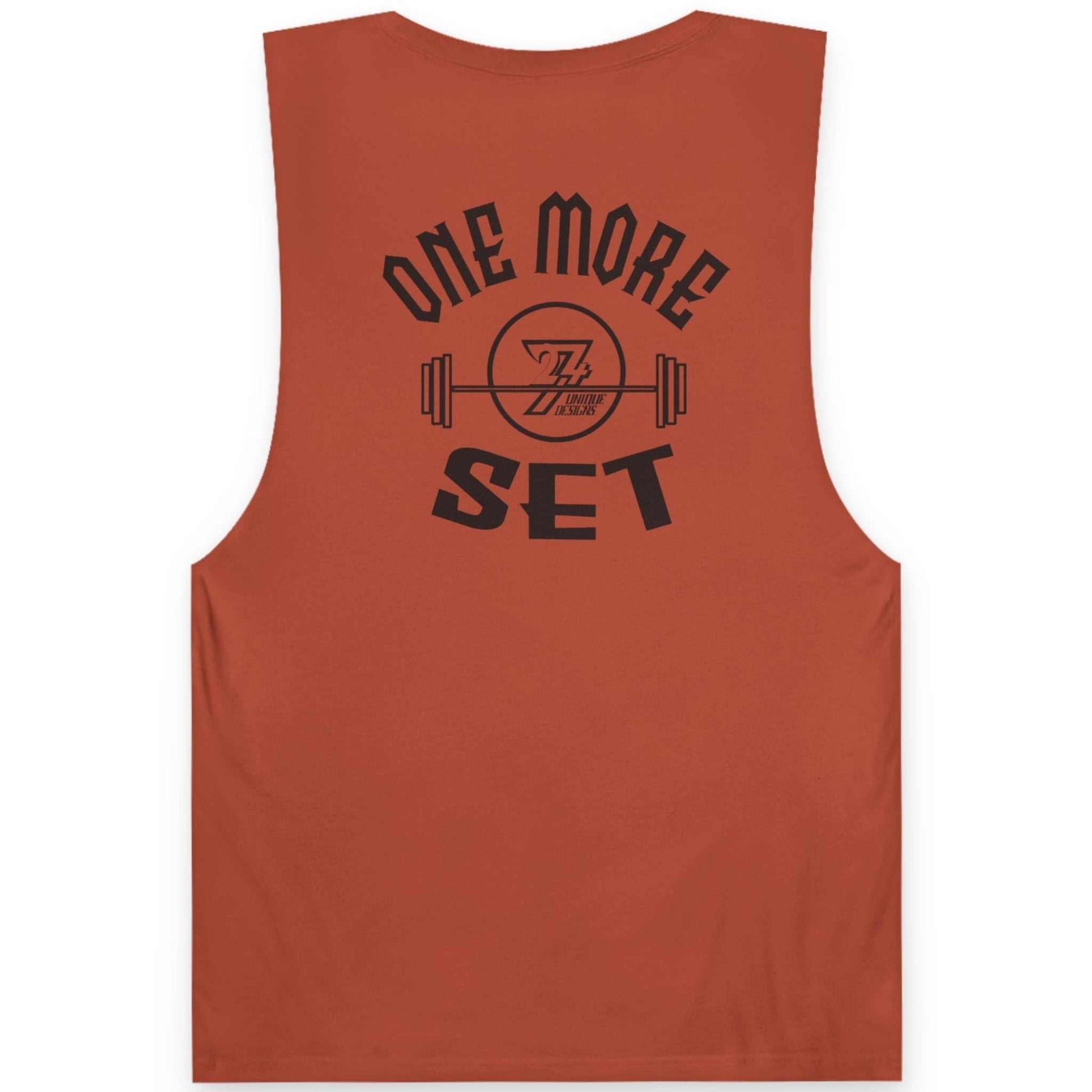 Autumn red muscle tank for men with 'One More Set' text and graphic on a white background
