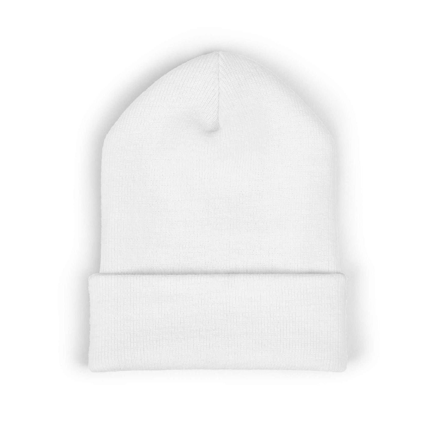 Back view of a plain white cuffed beanie, highlighting the clean, unstructured low-profile style and premium medium-heavy knit fabric.