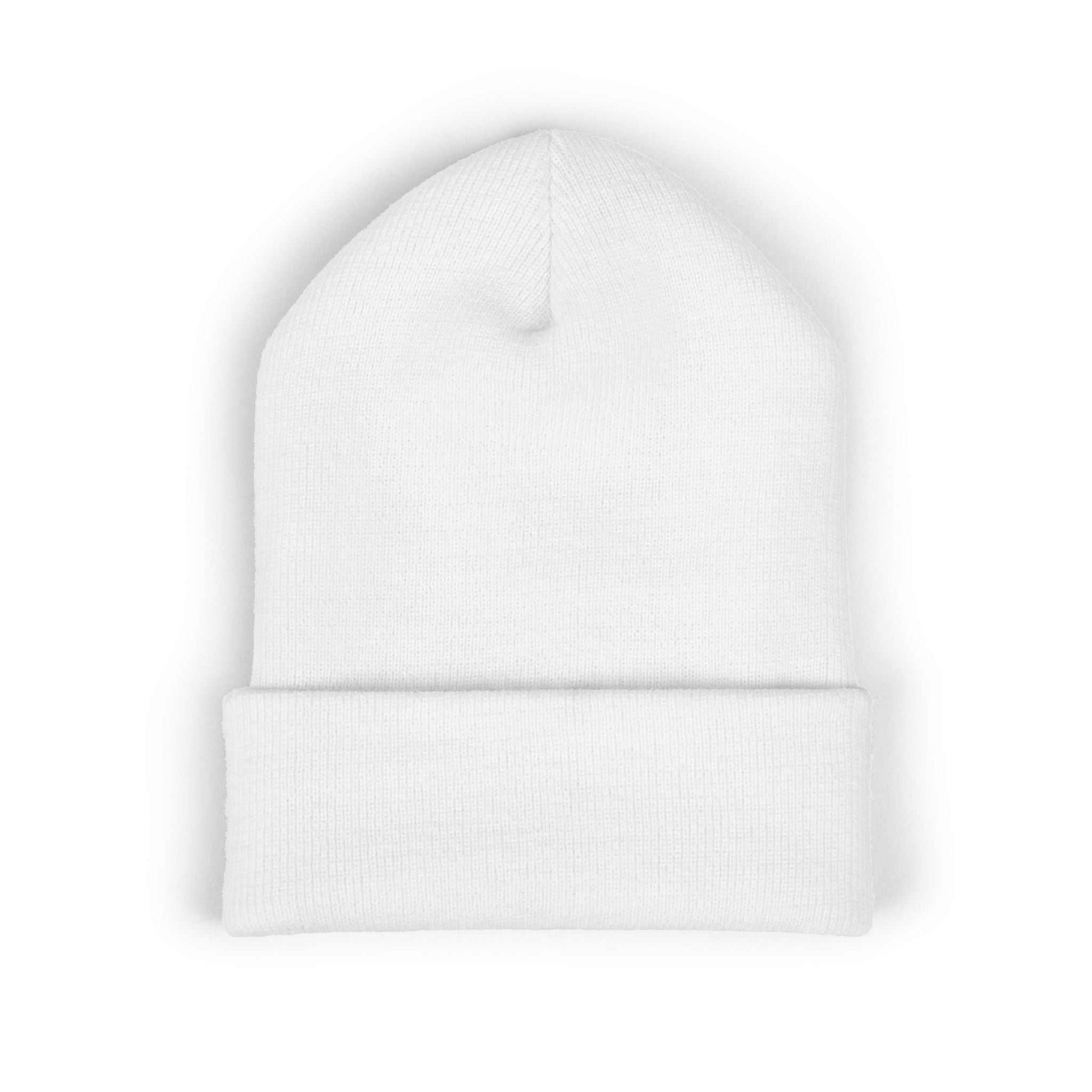 Back view of a plain white cuffed beanie, highlighting the clean, unstructured low-profile style and premium medium-heavy knit fabric.