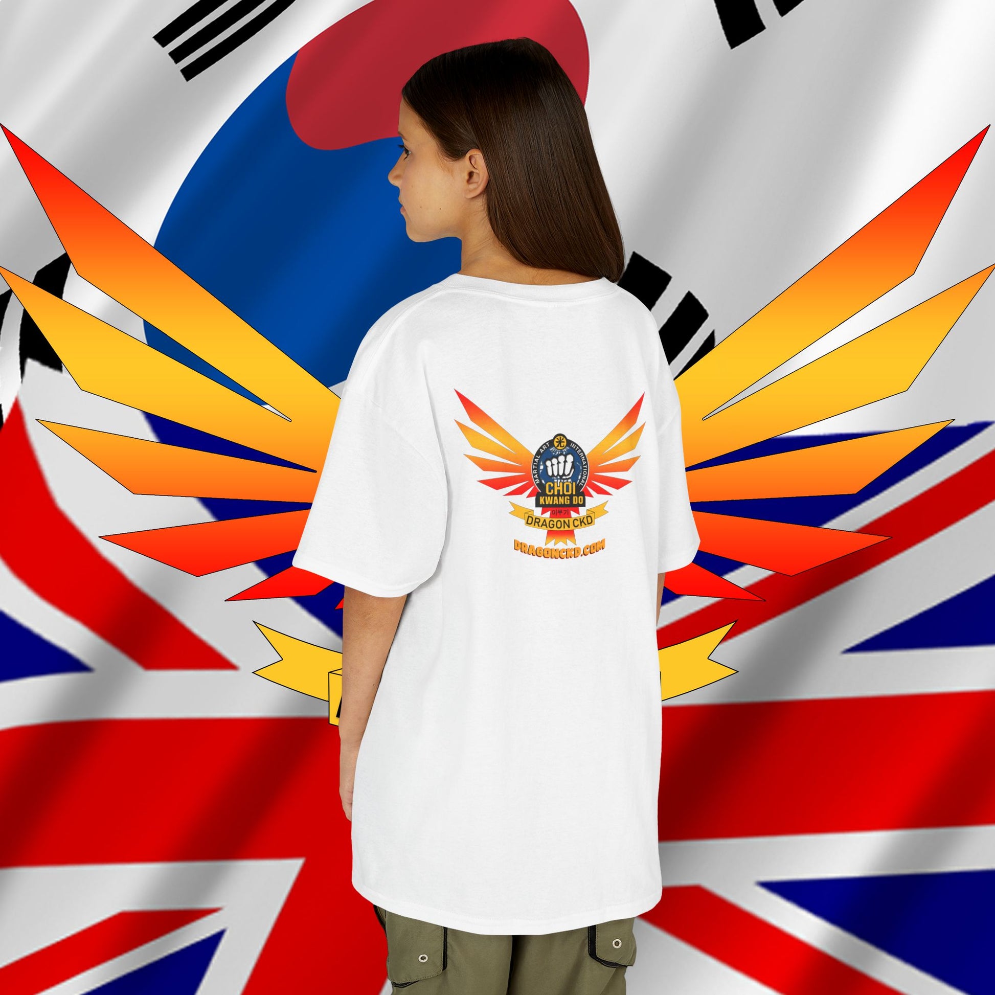 White Choi Kwang Do kids tee shown from the back worn by a girl