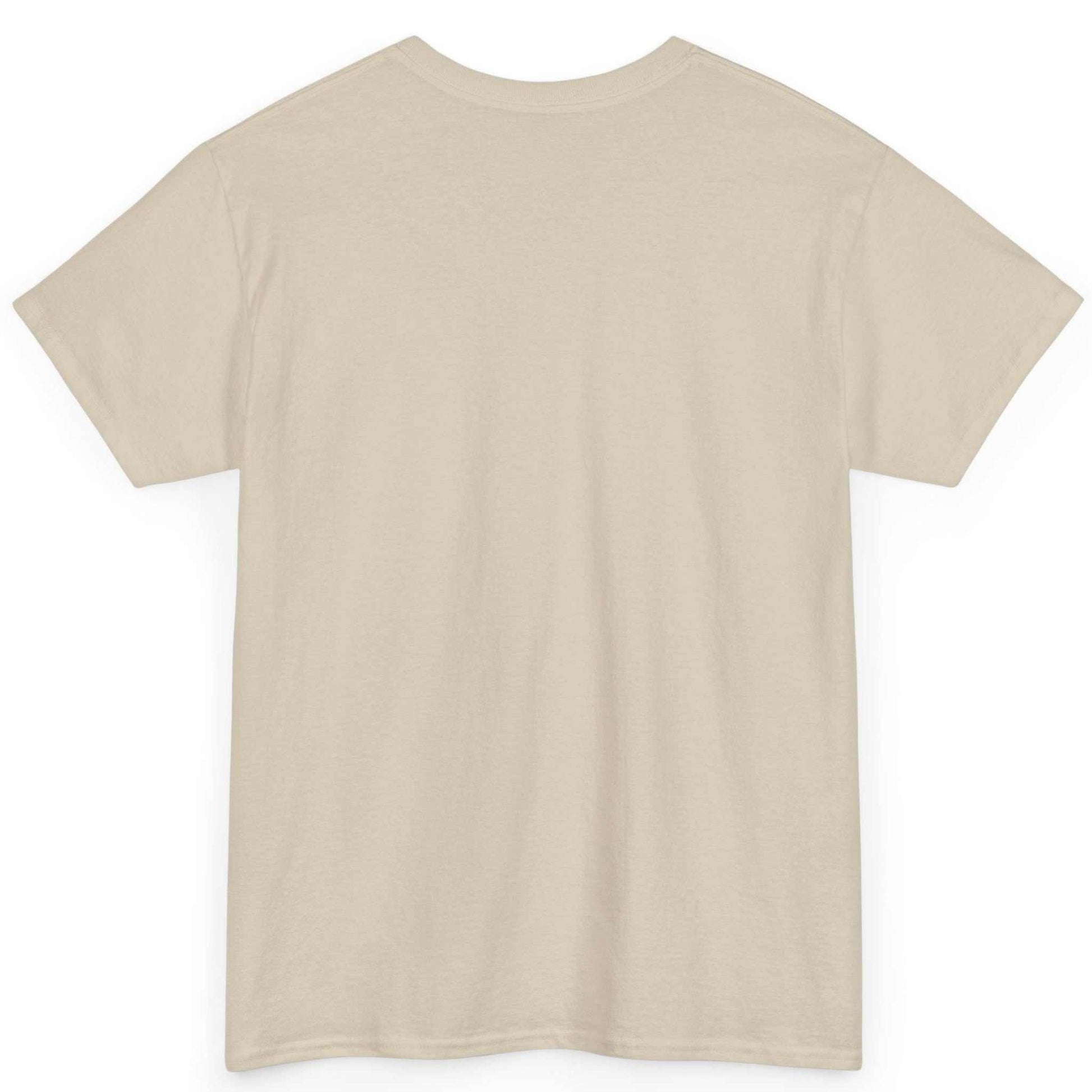 Back view of the beige seamless tubular allotment clothing tee, displayed on a clean background.