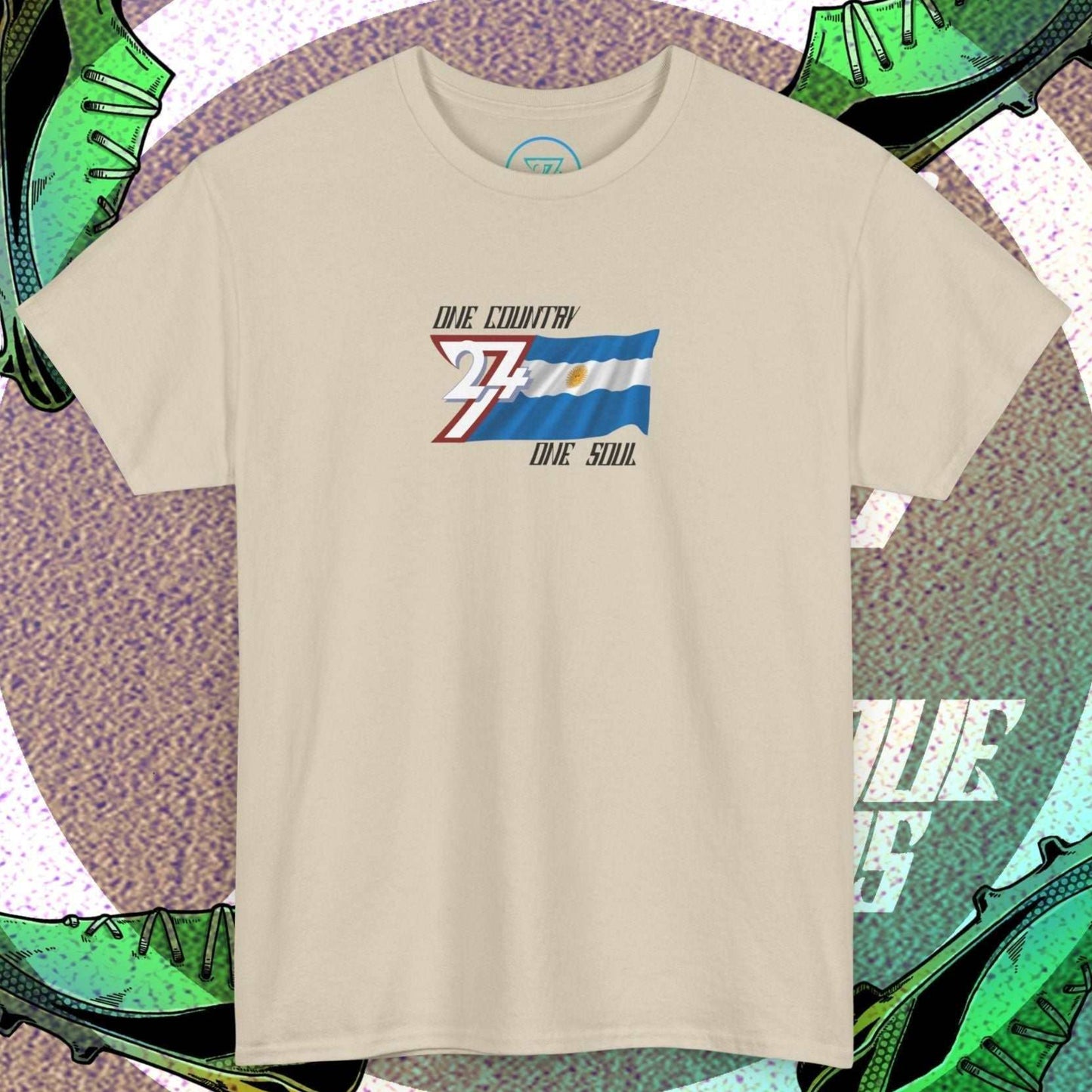 Full product shot of the Beige Argentina flag t-shirt showcasing the hand-drawn "Aura" edition artwork.