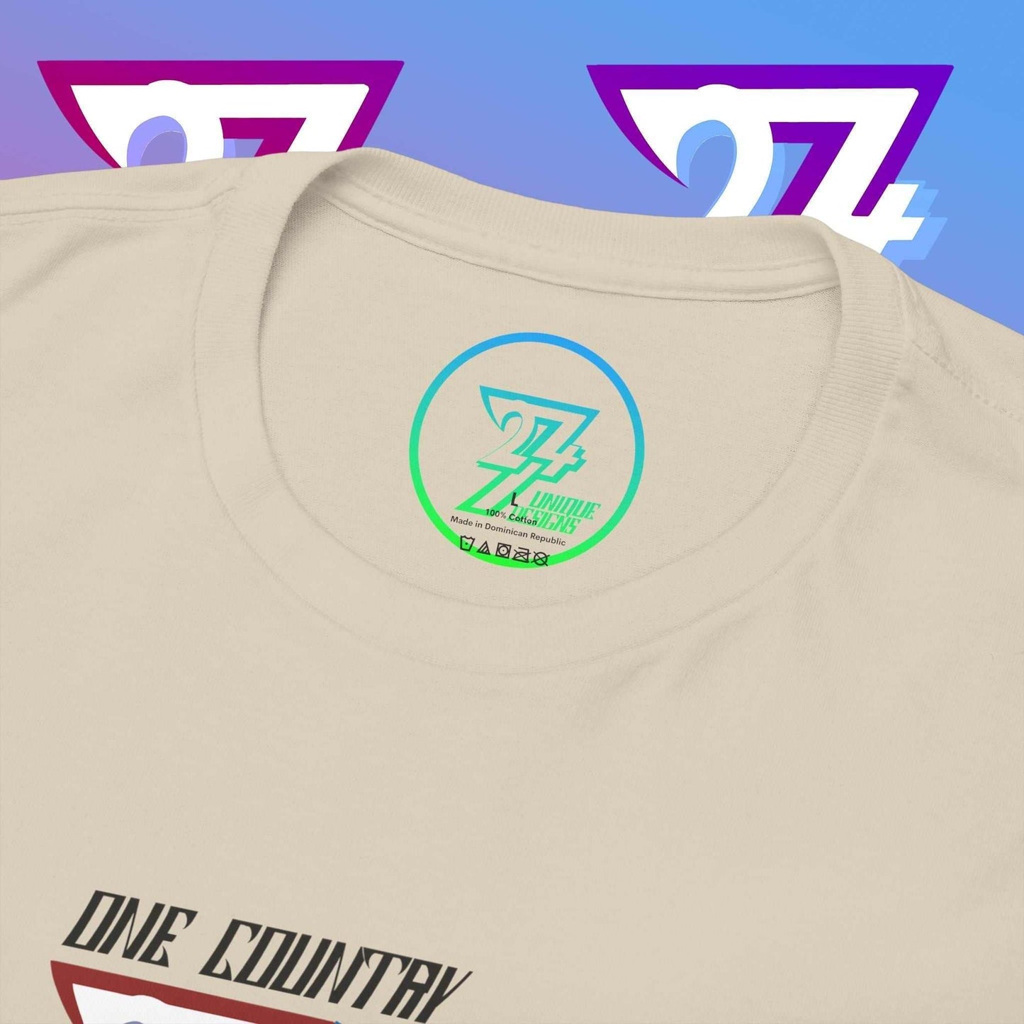 Close-up of the inner neck label showing the authentic 24/7 Unique Designs™ trademark logo on the Argentina flag tee.