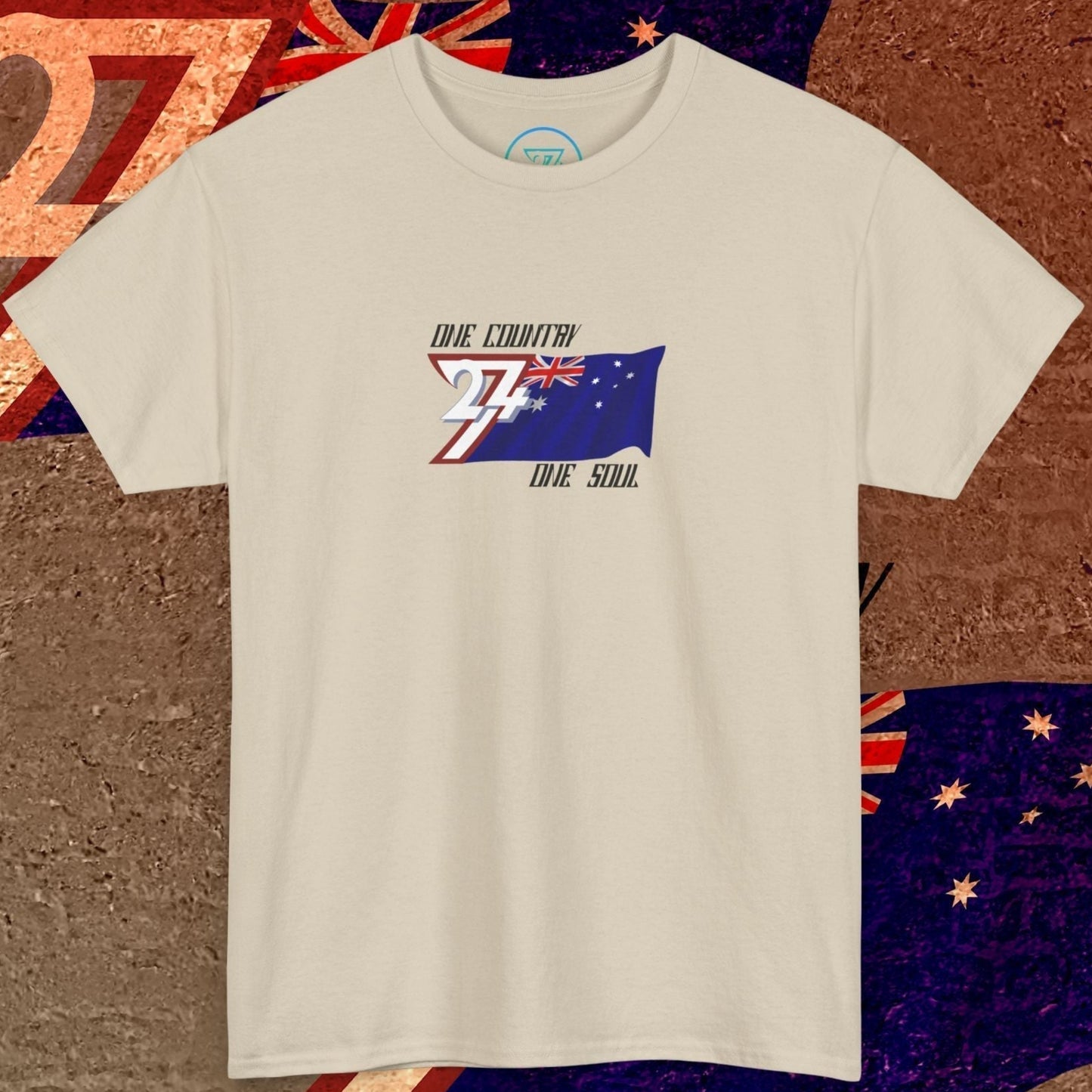 Full product shot of the Beige Australia flag t-shirt showcasing the hand-drawn "Horizon" artwork.