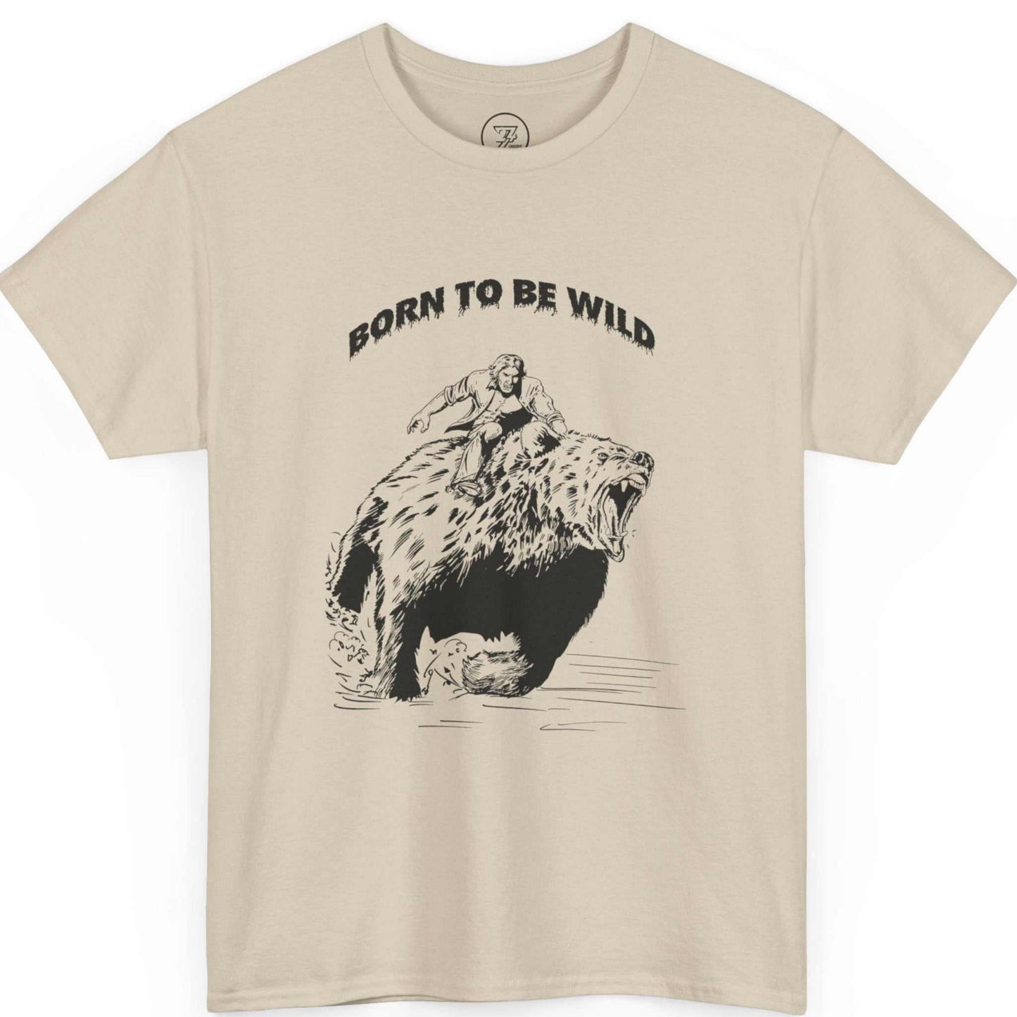 Solid beige bear graphic shirt featuring the black outline nature design.