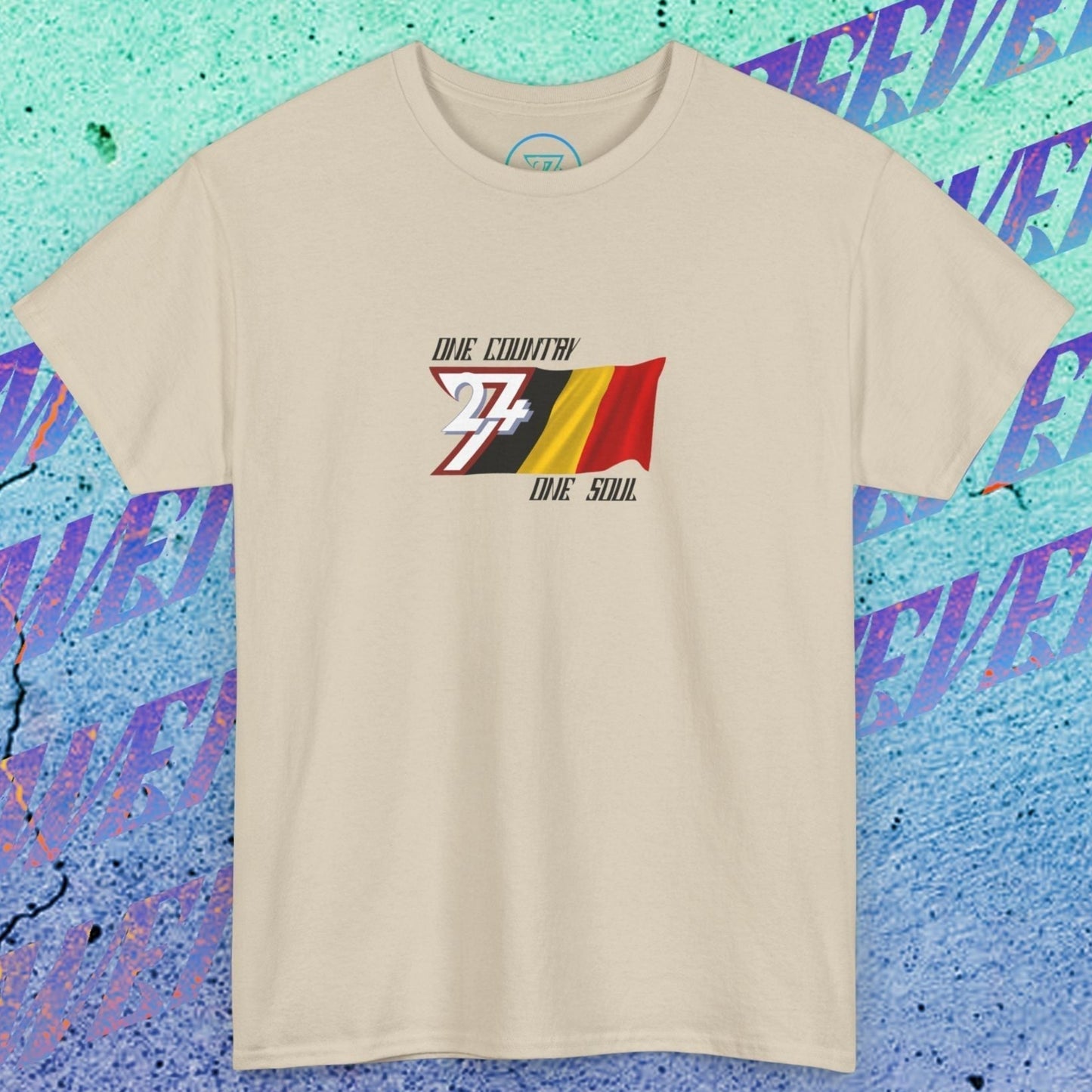 Full product shot of the Beige Belgium flag t-shirt showcasing the hand-drawn "Brave" edition artwork.