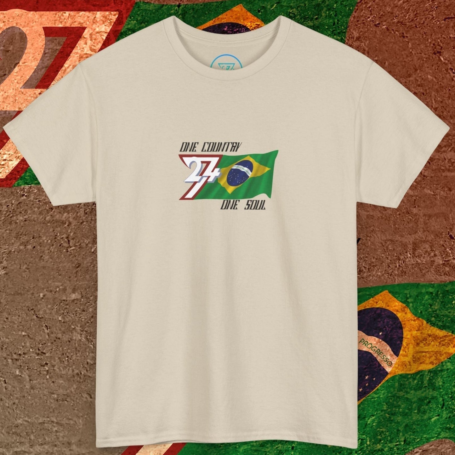 Full product shot of the Beige Brazil flag t-shirt showcasing the hand-drawn "Ordem" edition artwork.