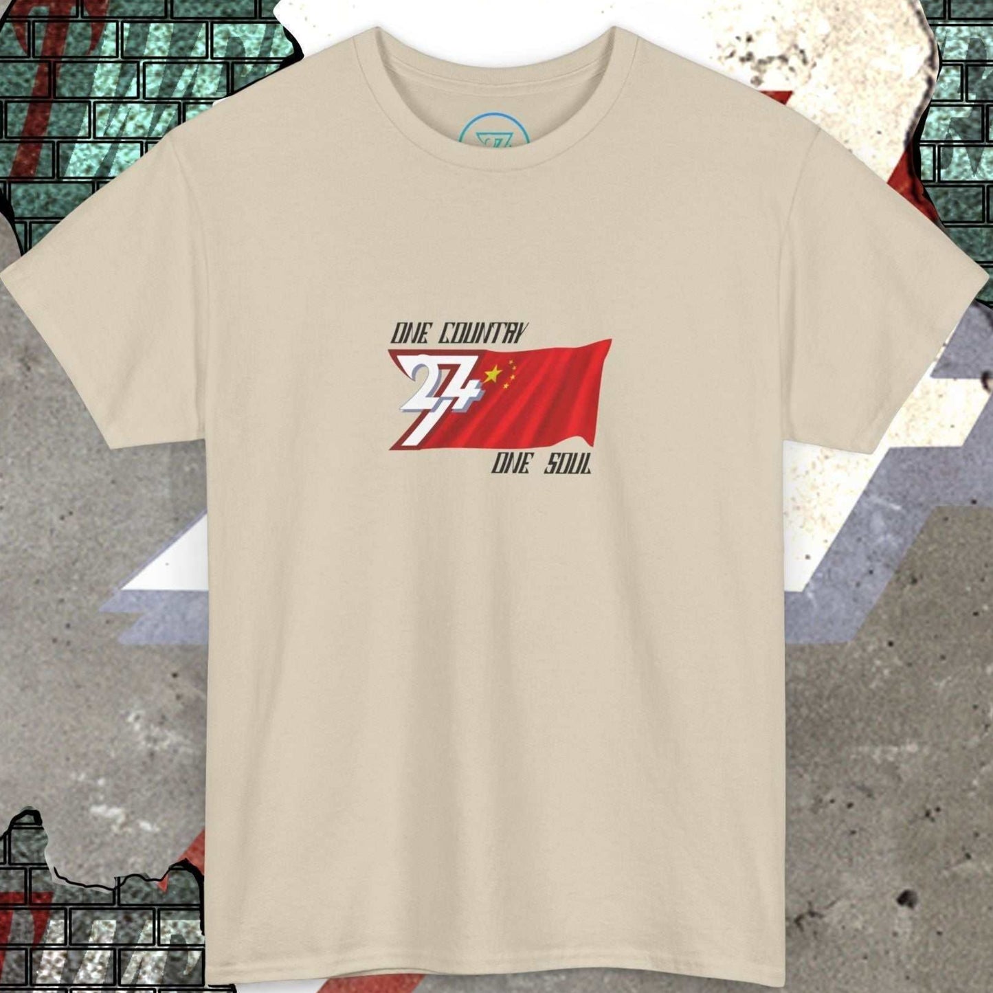 Full product shot of the Beige China flag t-shirt showcasing the hand-drawn "Legacy" edition artwork.