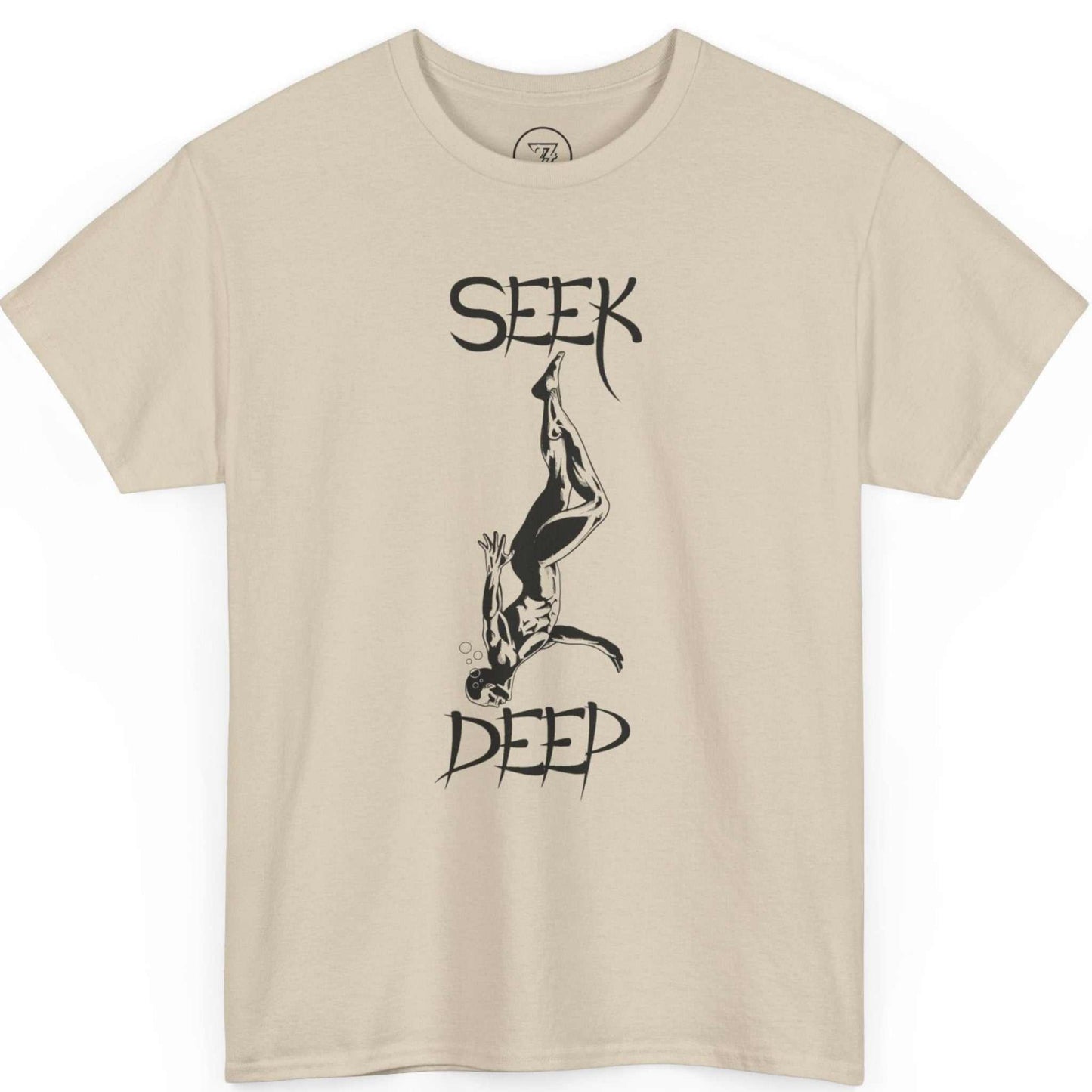 Beige cool freediver shirt showcasing the striking black diver artwork, laid flat.