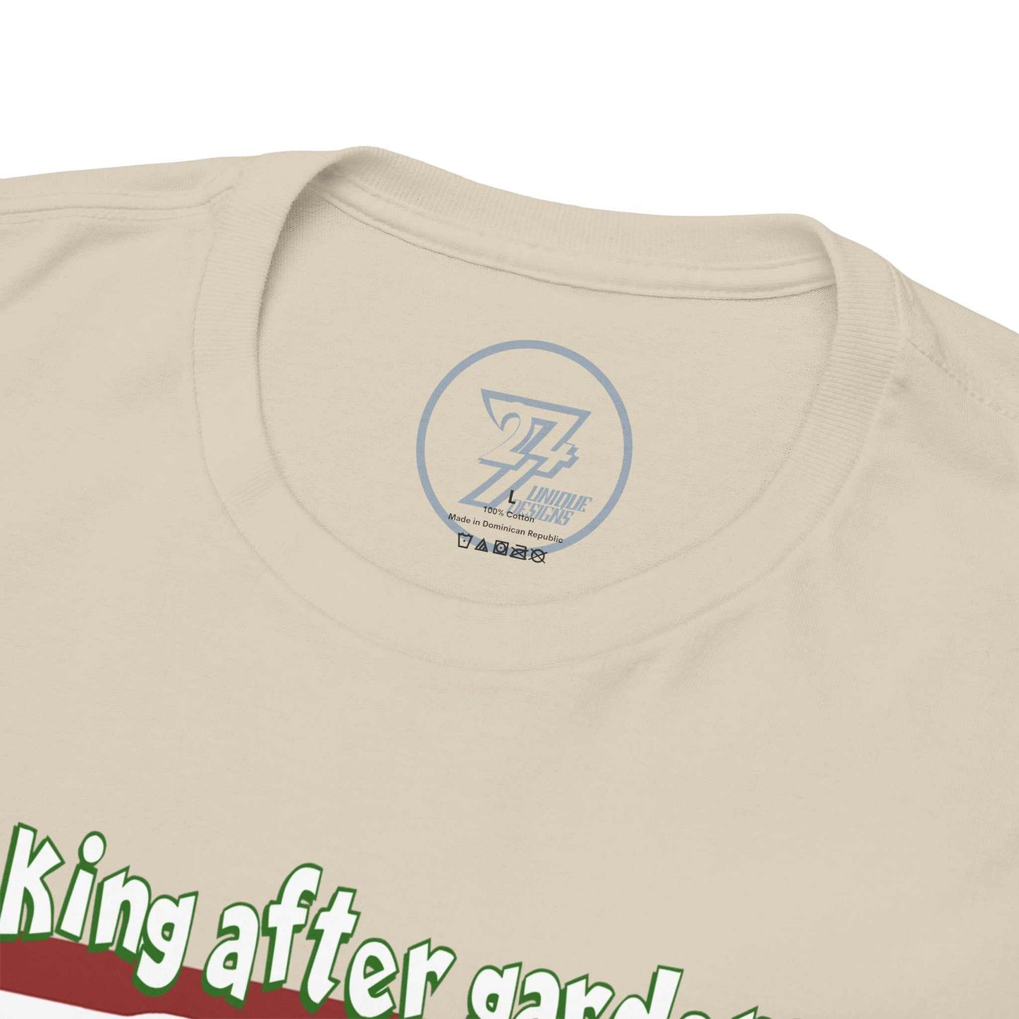 Close-up of the shape-retaining ribbed crew neckline on the beige cute gardener gift tee, highlighting the seamless construction.