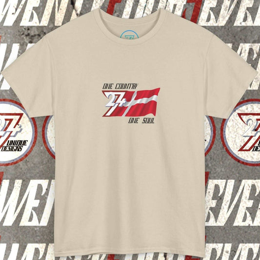 Full product shot of the Beige Denmark flag t-shirt showcasing the hand-drawn "Unity" edition artwork.