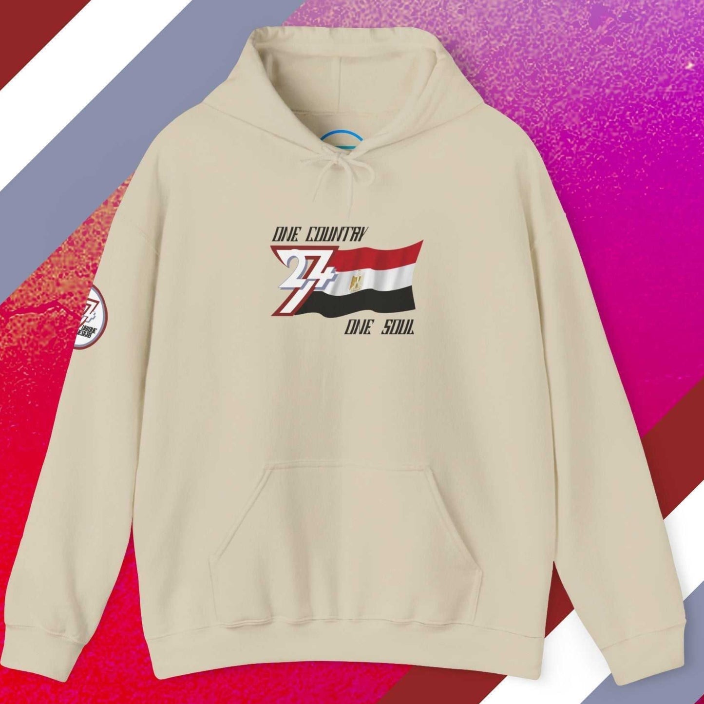 A polished Beige Egypt flag hoodie with our signature hand-drawn art and "One Country One Soul" text.