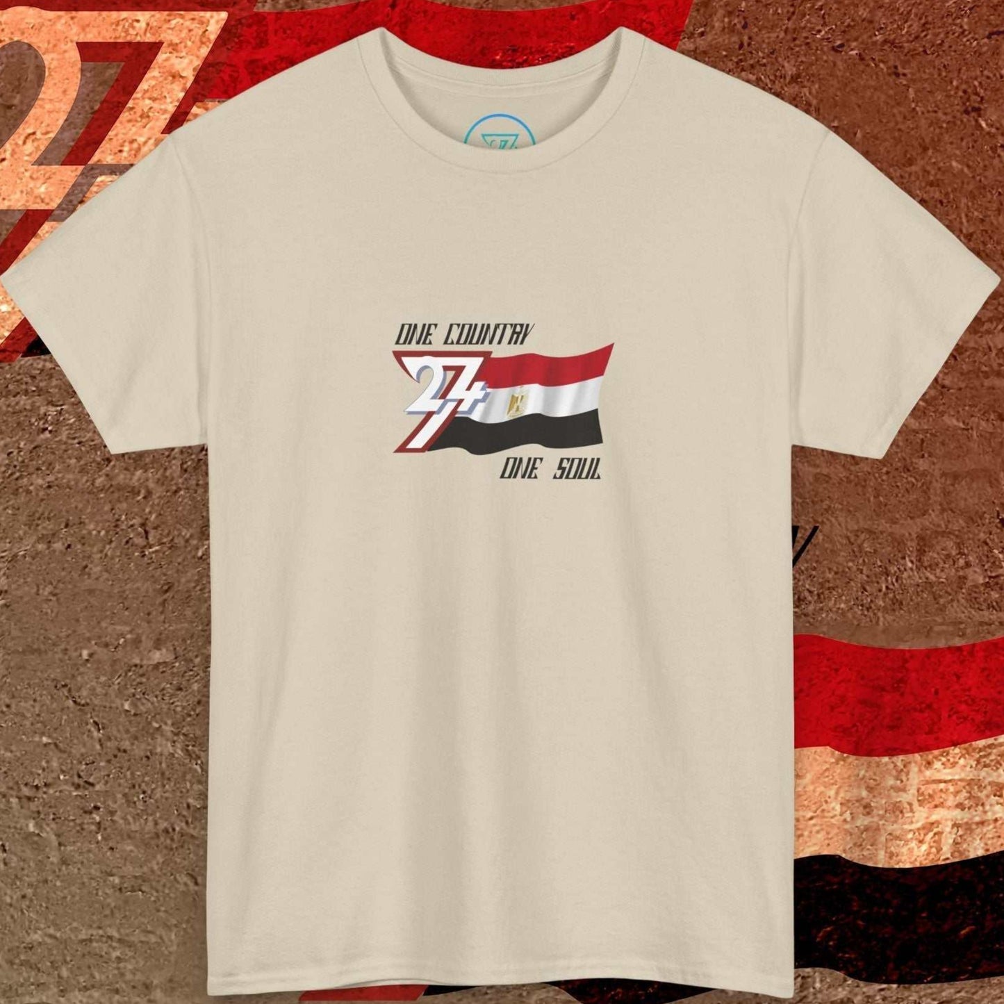 Full product shot of the Beige Egypt flag t-shirt showcasing the hand-drawn "Eternal" edition artwork.