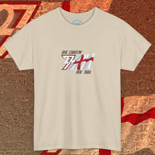 Full product shot of the Beige England flag t-shirt showcasing the hand-drawn "Valor" edition artwork.