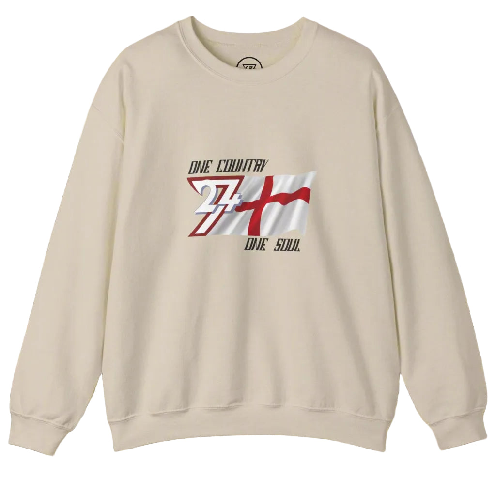 Cream England sweatshirt with unique England flag design and slogan One Country One Soul, crew neck, long sleeves.