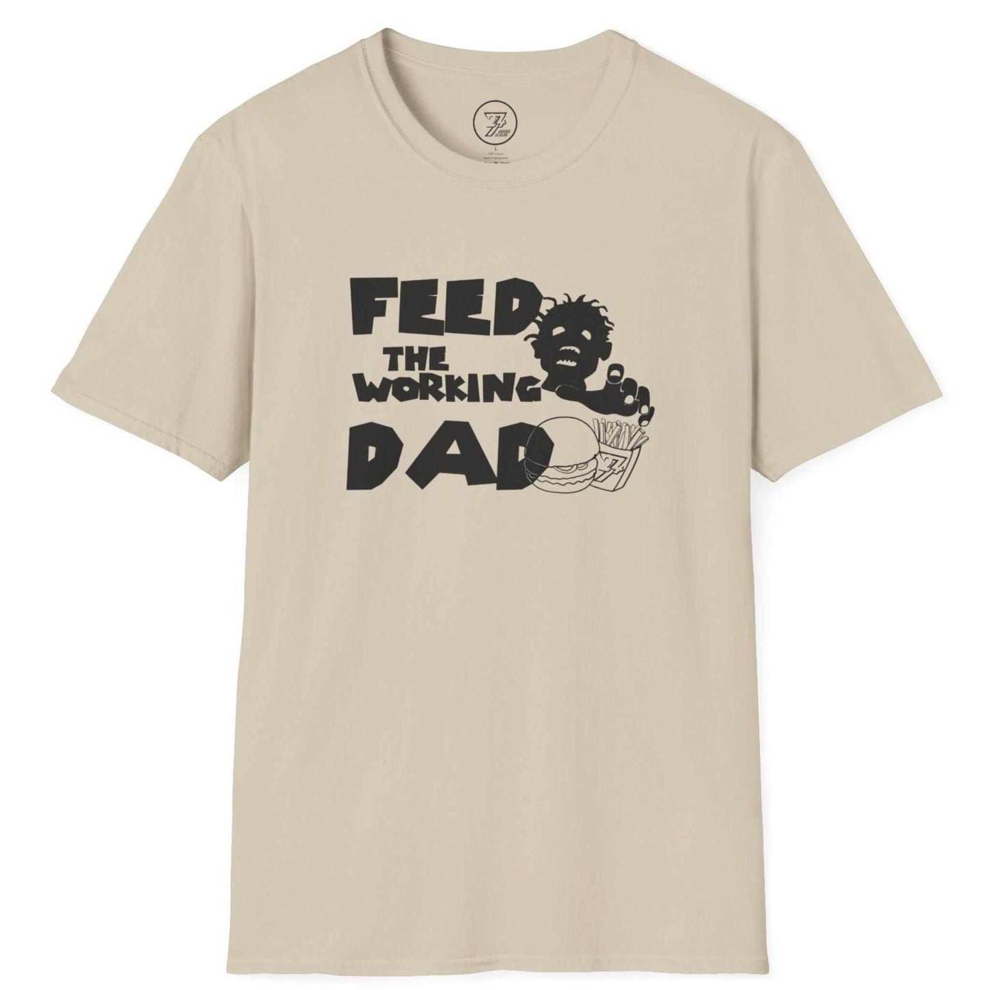 Solid beige Feed The Working Dad shirt showcasing the hungry zombie silhouette, laid flat.