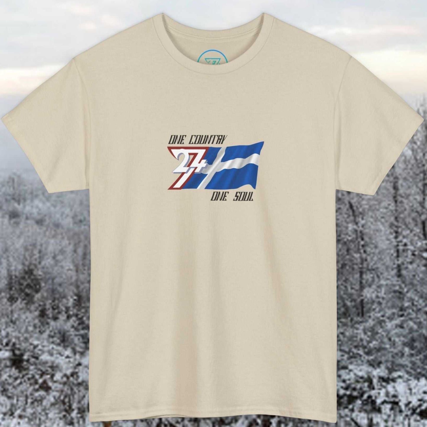 Full product shot of the Beige Finland flag t-shirt showcasing the hand-drawn "Sisu" edition artwork.