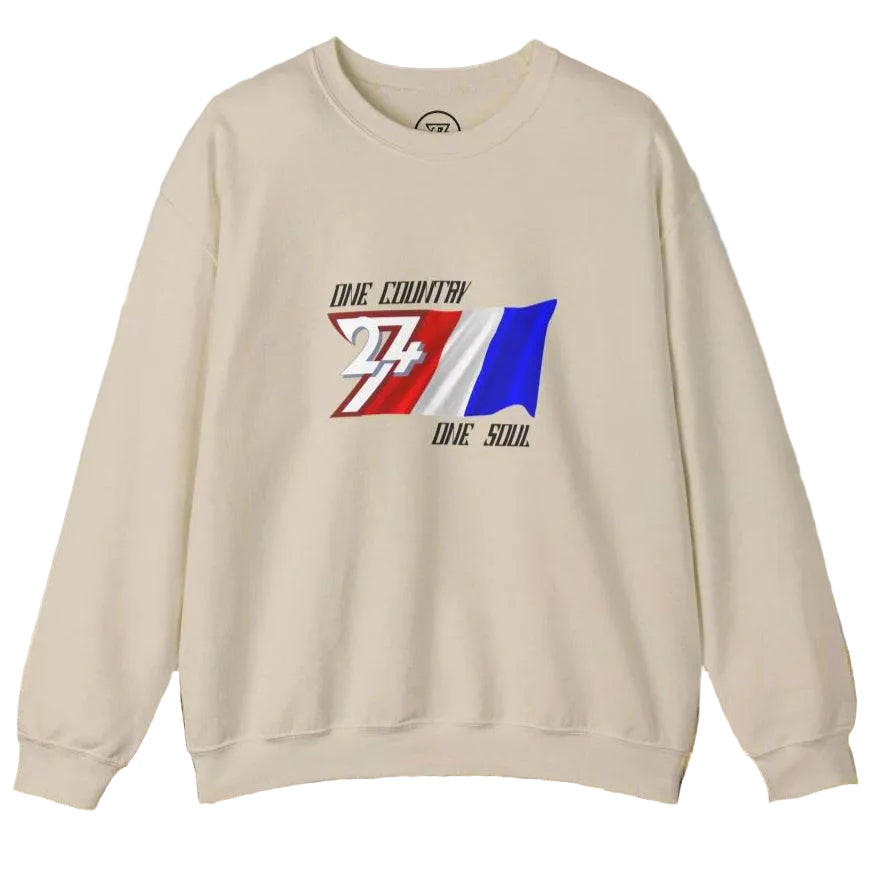 Unisex cream sweatshirt featuring a hand-drawn France flag graphic with "One Country One Soul" slogan, perfect for patriotic wear.