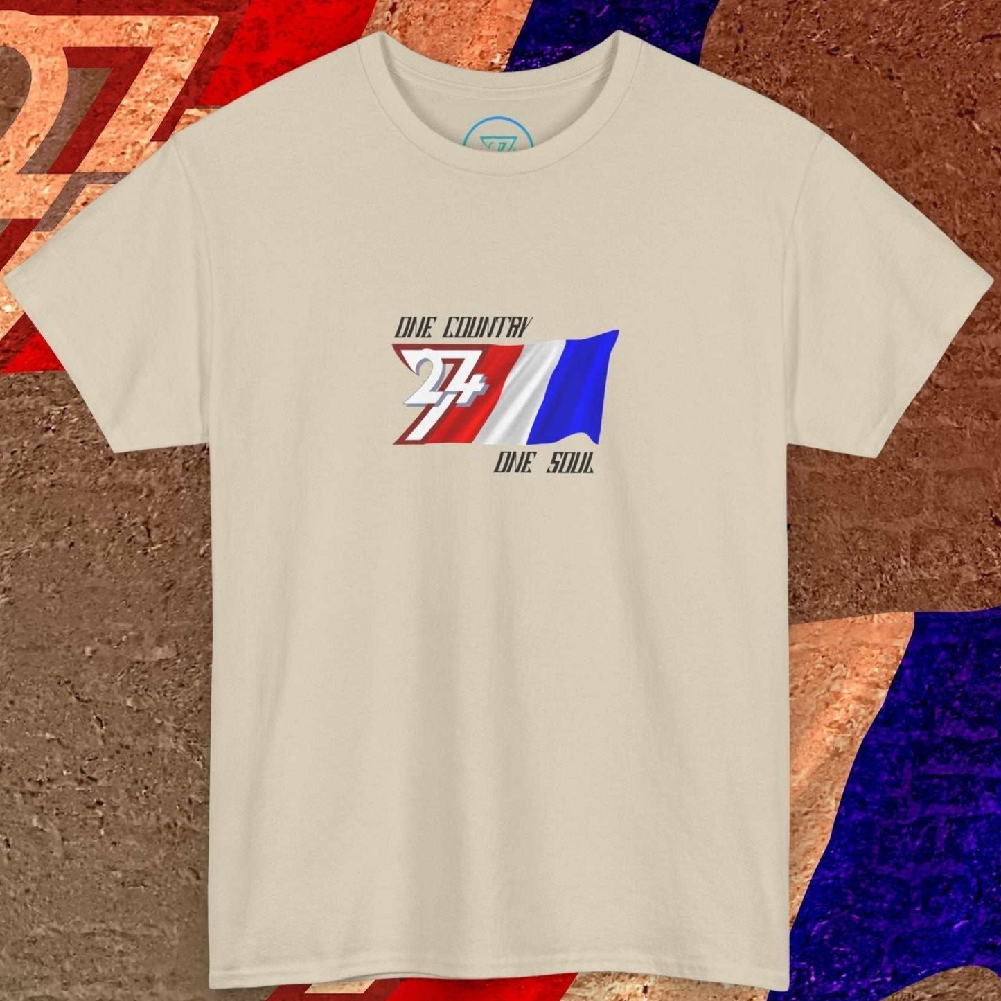 Full product shot of the Beige France flag t-shirt showcasing the hand-drawn "Atelier" artwork.