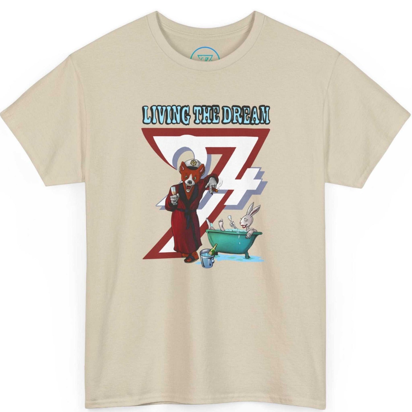 Beige funny animal cartoon tee displaying the retro typography and character art, laid flat.