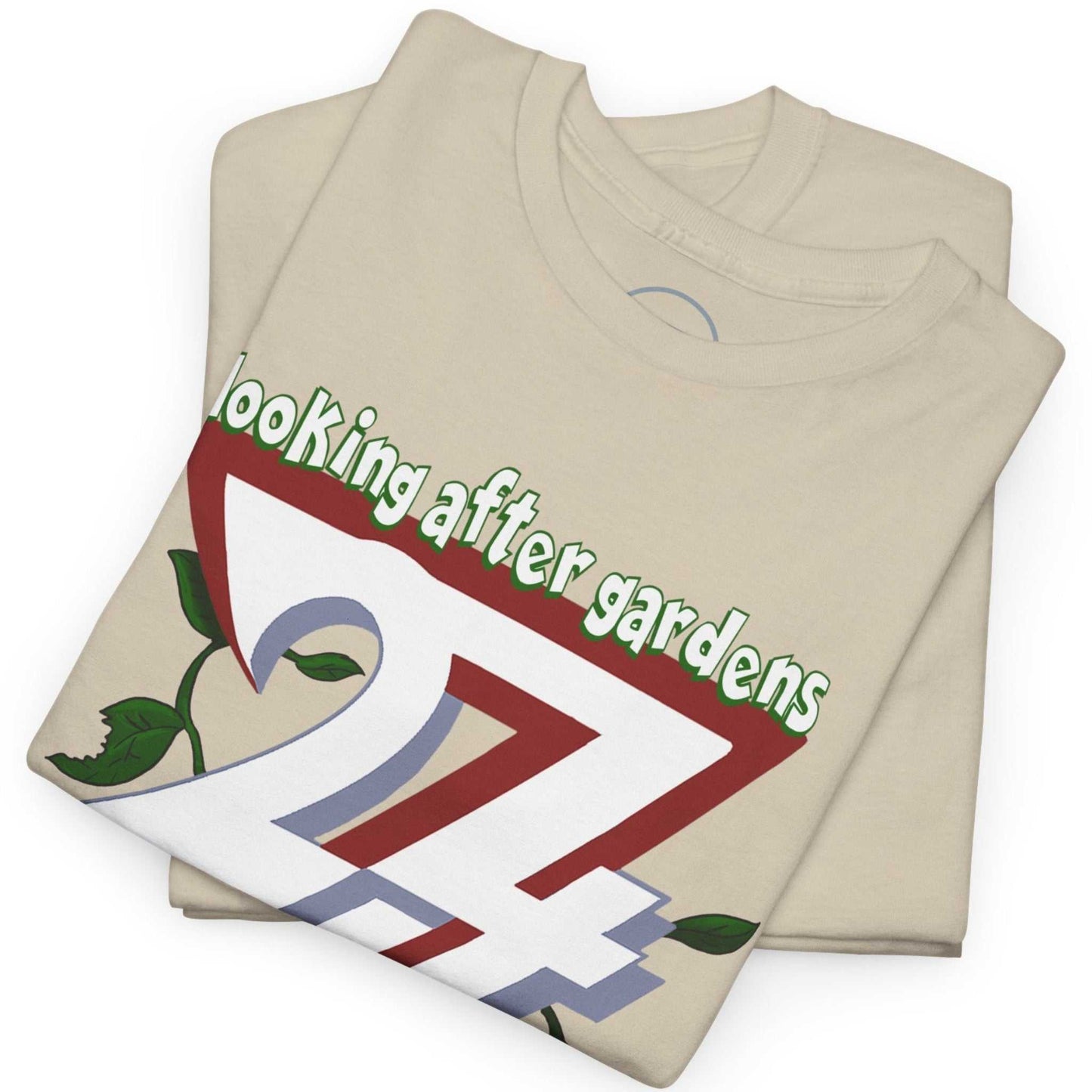 Neatly folded beige funny gardening shirt showing the premium cotton fabric and the colorful cartoon print, laid flat.