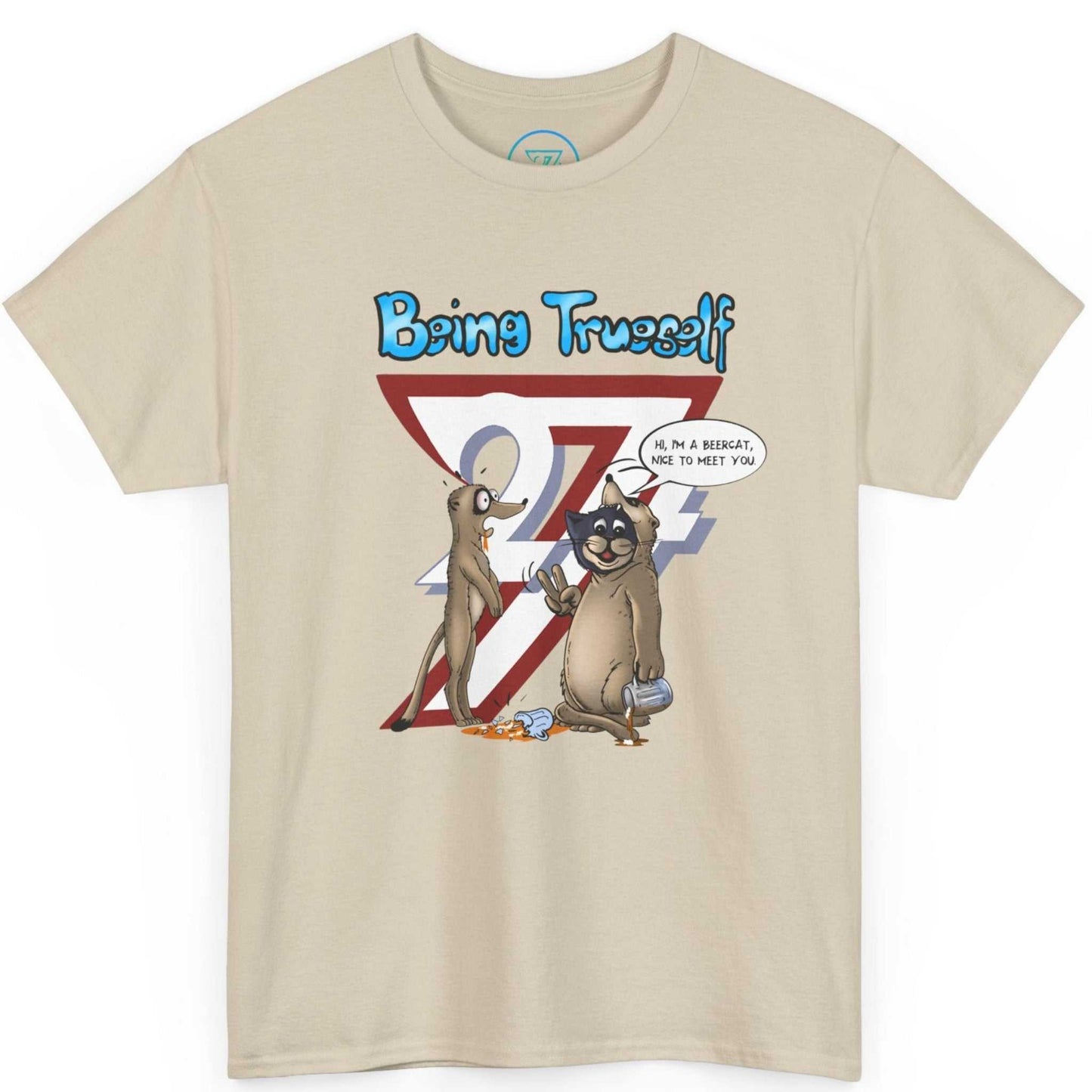 Beige funny tailgate shirt highlighting the clumsy cat and meerkat illustration, displayed on a clean background.