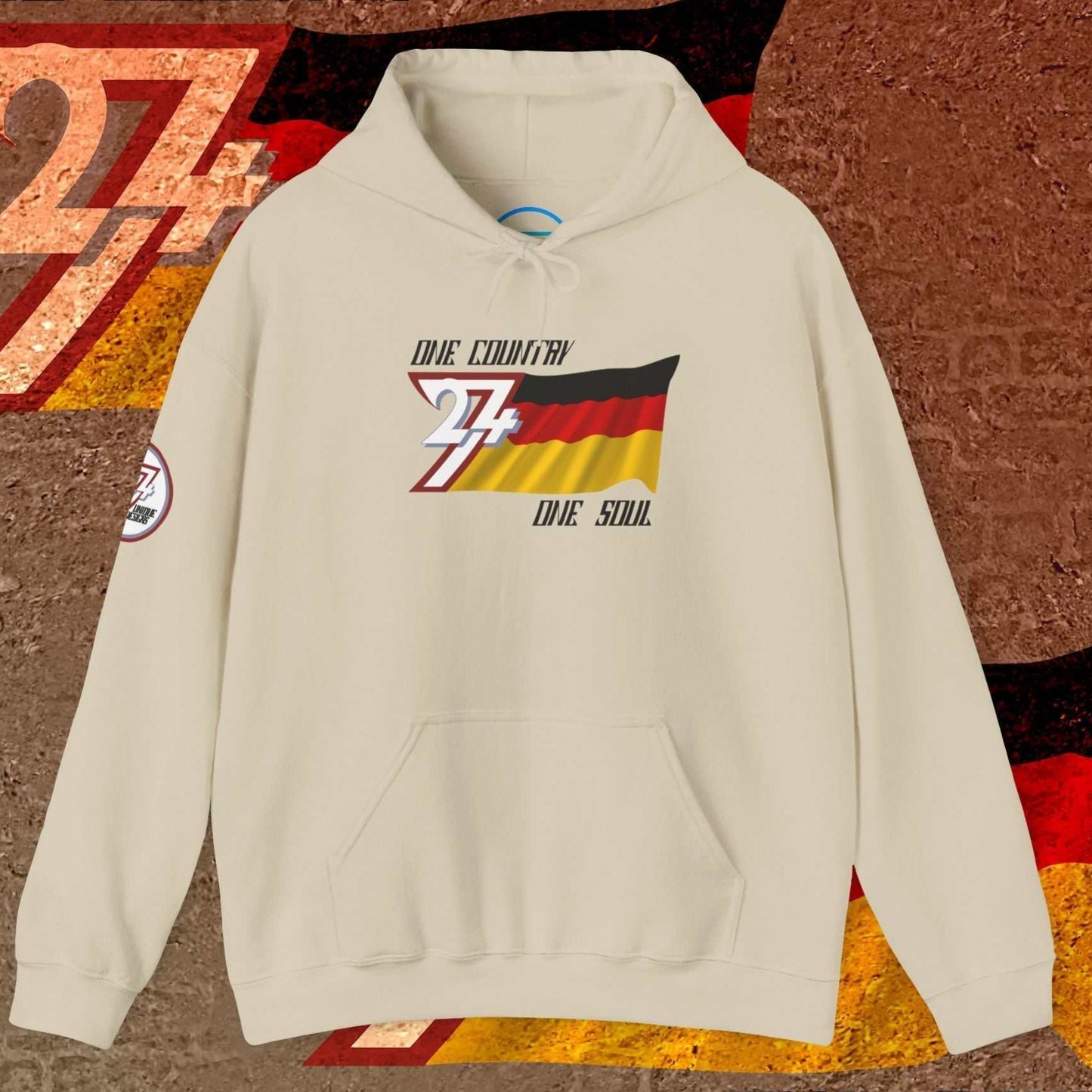 Understated Beige Deutschland hoodie, designed for a minimalist, high-end streetwear aesthetic.