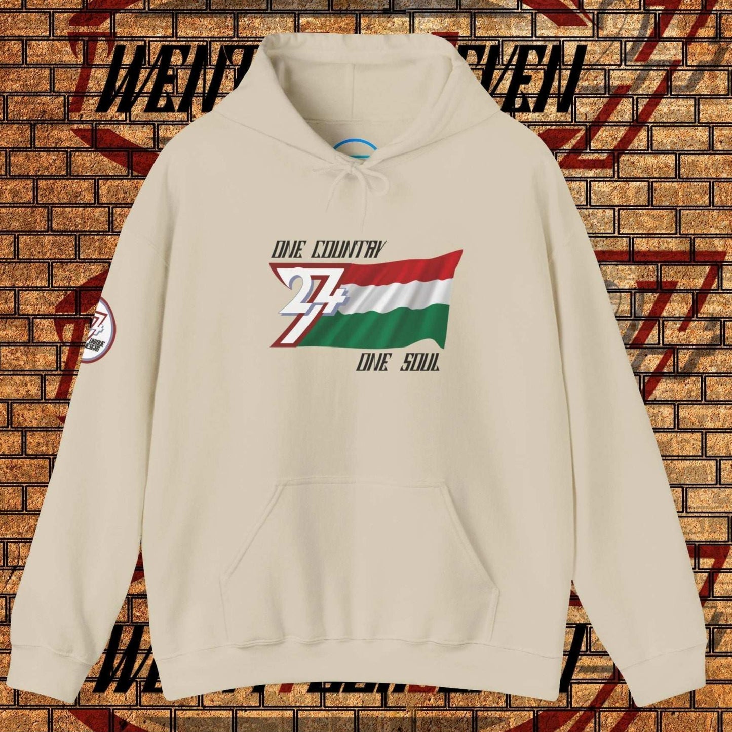 A polished Beige Magyarország flag hoodie with our signature hand-drawn art and "One Country One Soul" text.