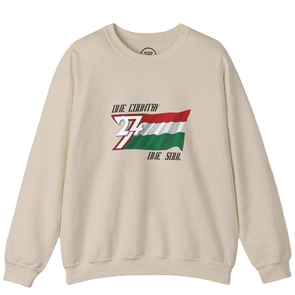 Unisex beige sweatshirt featuring Hungary flag design with "One Country One Soul" text, made from cotton-polyester blend, suitable for colder weather and sports events.