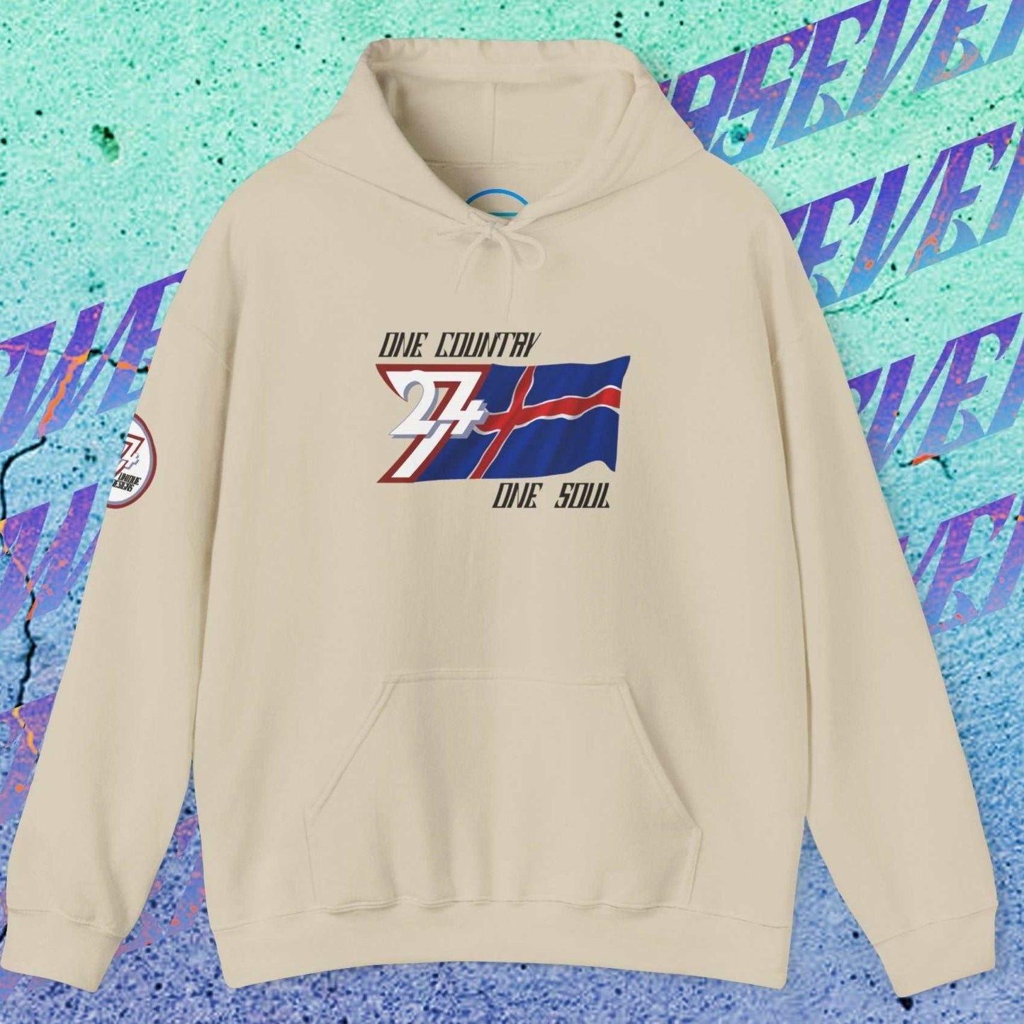 A polished Beige Ísland flag hoodie with our signature hand-drawn art and "One Country One Soul" text.