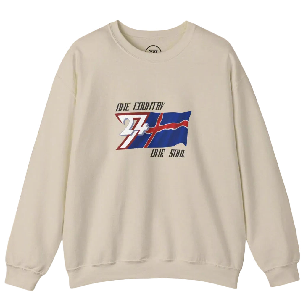 Unisex cream crewneck sweatshirt featuring hand-drawn Iceland flag design with "One nation one soul" slogan, cozy heavy blend fabric.