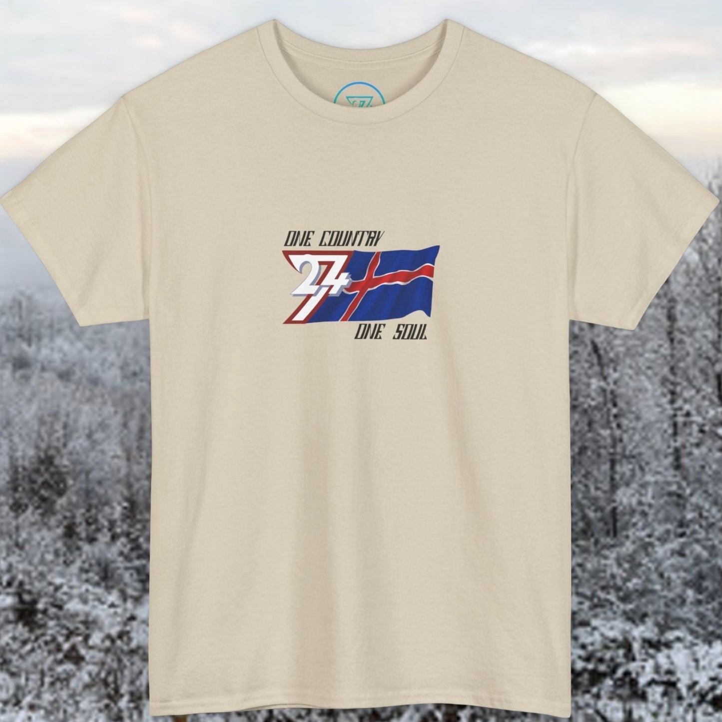 Full product shot of the Beige Iceland flag t-shirt showcasing the hand-drawn "Frost" edition artwork.