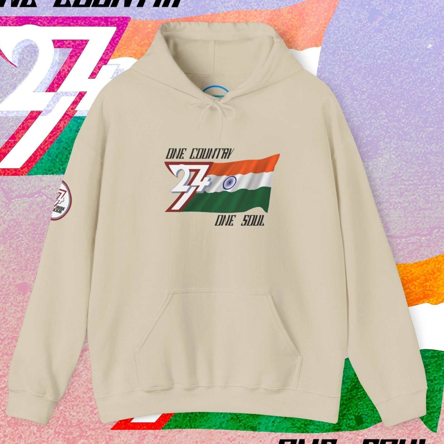A polished Beige Bharat flag hoodie with our signature hand-drawn art and "One Country One Soul" text.