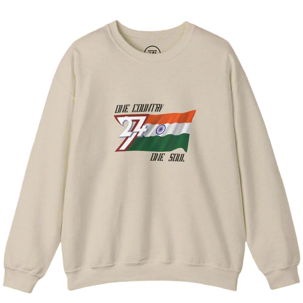 Beige sweatshirt with India flag design and "One country one soul" slogan on chest, unisex casual wear