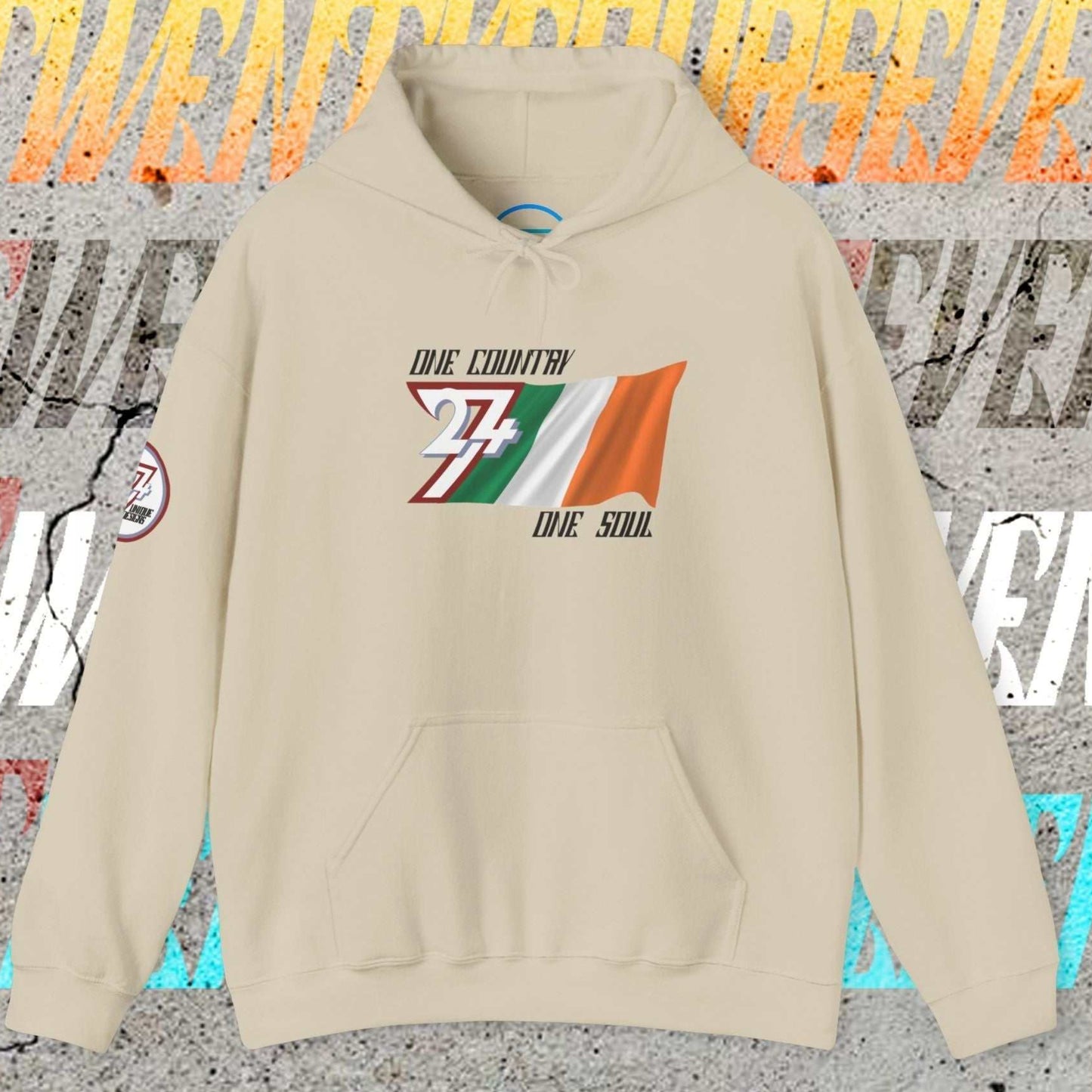 A polished Beige Éire flag hoodie with our signature hand-drawn art and "One Country One Soul" text.