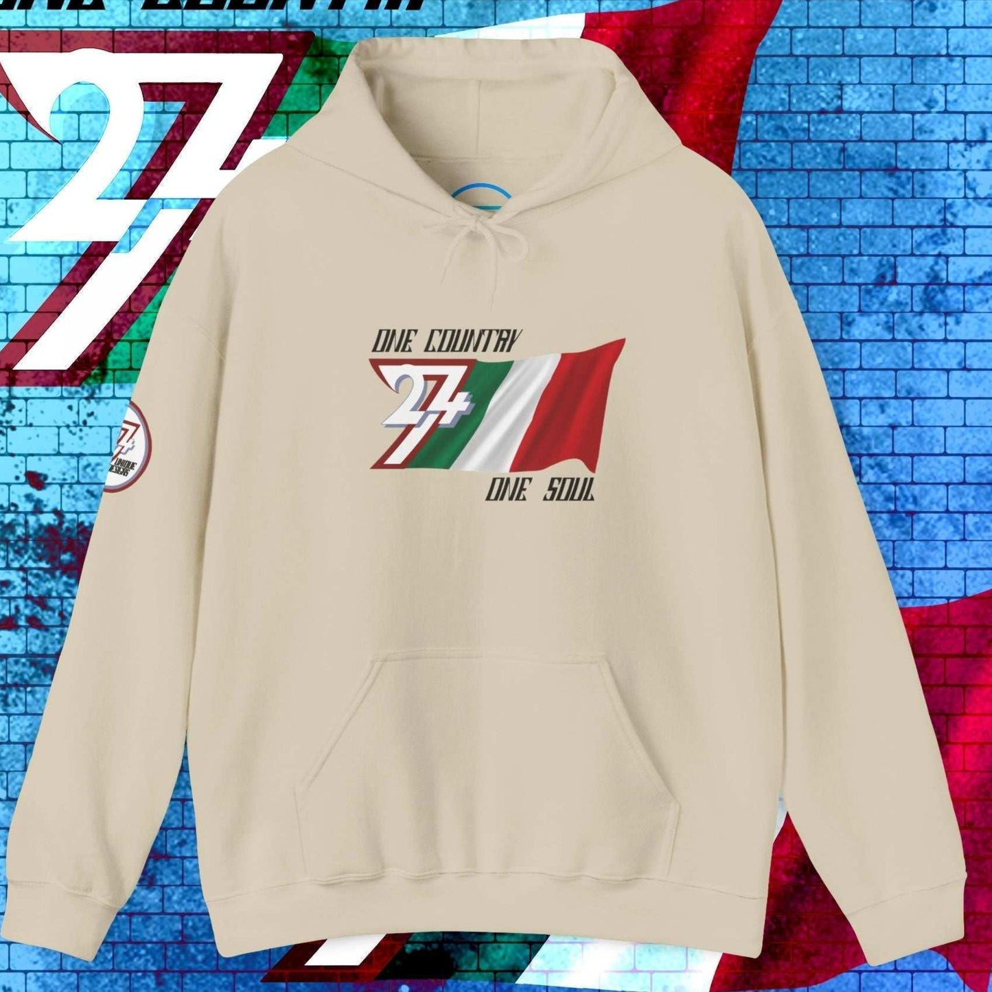 A polished Beige Italia flag hoodie with our signature hand-drawn art and "One Country One Soul" text.