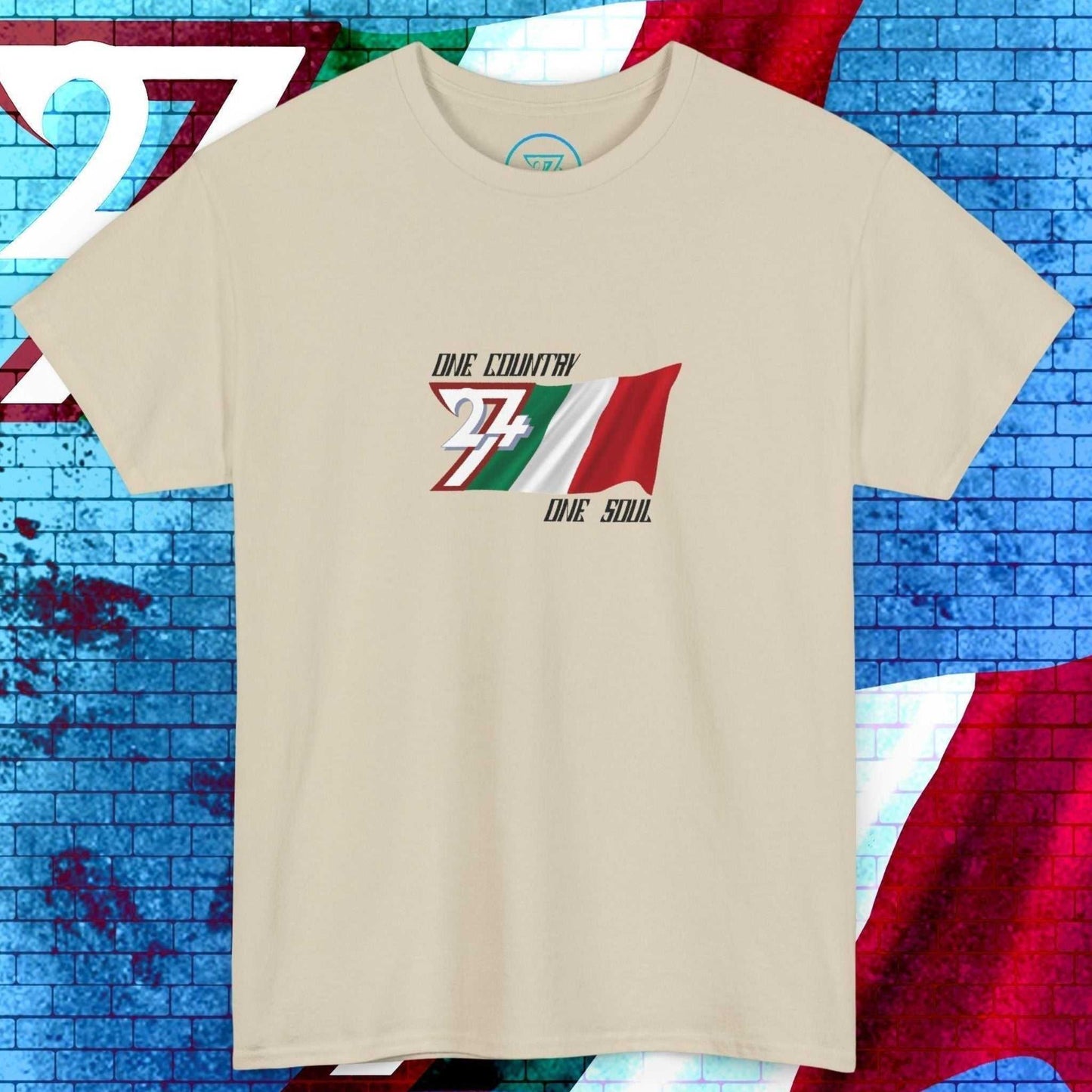 Hand-drawn Italian flag design on a beige t-shirt featuring the "One Country One Soul" signature.