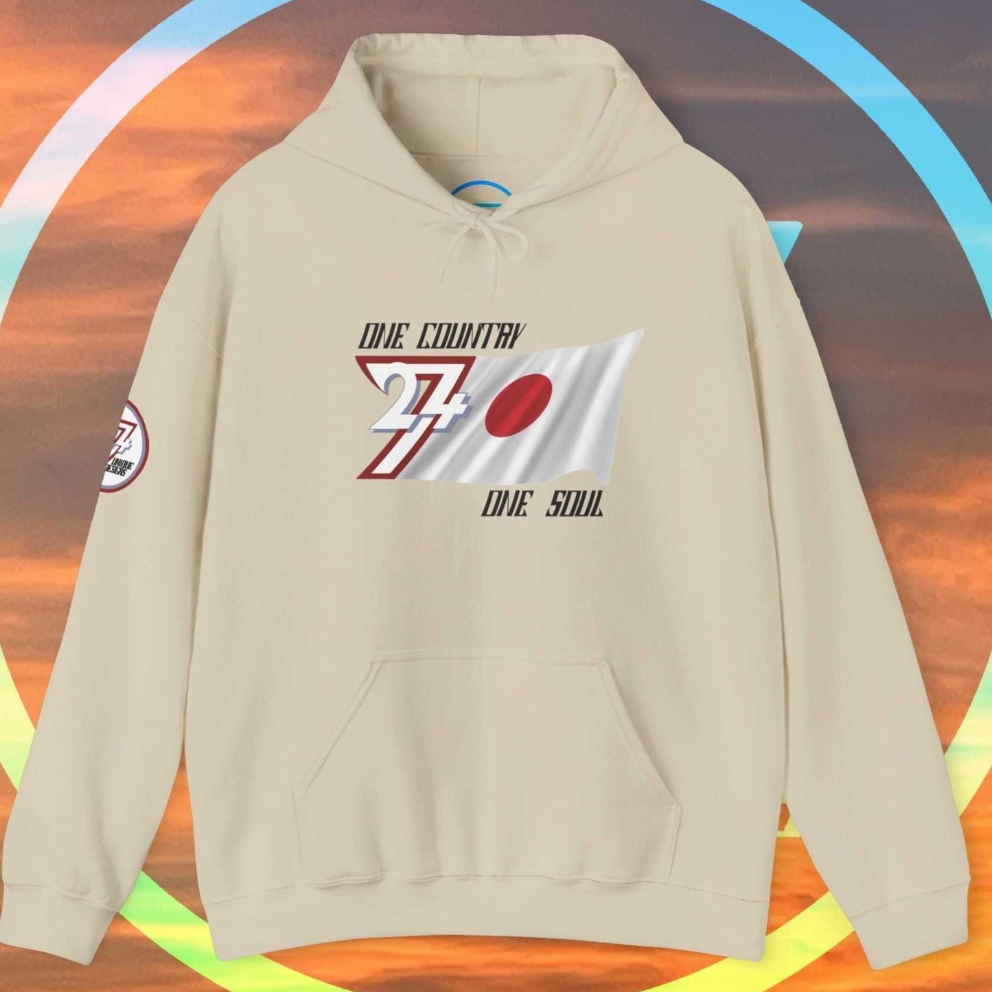 A polished Beige Nihon flag hoodie with our signature hand-drawn art and "One Country One Soul" text.