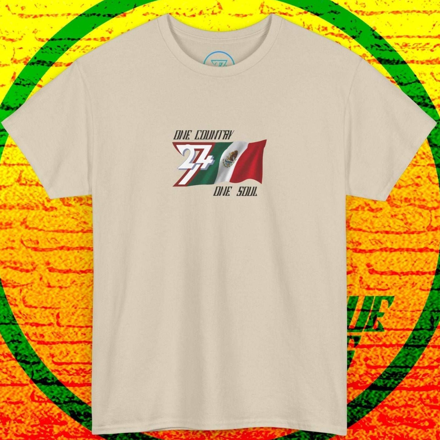 Full product shot of the Beige Mexico flag t-shirt showcasing the hand-drawn "Patria" edition artwork.